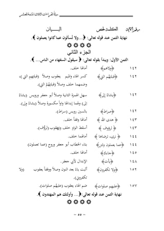 ‫ﰲ ﺍﻟﻘﺮﺍﺀﺍﺕ ﺍﻟﺜﻼﺙ ﺍﳌﺘﻤﺔ ﻟﻠﻌﺸﺮ‬
‫ﺭﻗﻢ ﺍﻵﻳﺔ‬

‫ﺍﻟﺒ ـ ـ ـ ـ ـ ـ ــﻴﺎﻥ‬

‫ﺍﻟﻜﻠﻤﺔ ﳊﻔﺺ‬

‫ﻧـﻬﺎﻳﺔ اﻟﺜﻤﻦ ﻋﻨﺪ ﻗﻮﻟﻪ ﺗﻌﺎﻟﻰ: ‪...‬وﻻ ﺗُﺴﺄﻟﻮن ﻋﻤﺎ ﻛﺎﻧﻮا ﻳﻌﻤﻠﻮن ‪.‬‬
‫‪‬‬
‫‪B‬‬
‫۰‬

‫ﺍﻟﺟﺯء ﺍﻟﺛﺎﻧﻲ‬

‫اﻟﺜﻤﻦ اﻷول: وﻳﺒﺪأ ﺑﻘﻮﻟﻪ ﺗﻌﺎﻟﻰ: ‪ ‬ﺳﻴﻘﻮل اﻟﺴﻔﻬﺎء ﻣﻦ اﻟﻨﺎس... ‪.‬‬

‫٢٤١‬

‫﴿وﻻﻫﻢ﴾‬
‫﴿ﻗﺒﻠﺘِﻬﻢ اﻟﱵ﴾‬
‫ُ‬

‫٢٤١‬

‫﴿ﻳﺸﺎءُ إِﱃ﴾‬

‫٢٤١‬

‫﴿ﺻﺮاط﴾‬

‫ﺳﻬﻞ اﳍﻤﺰة اﻟﺜﺎﻧﻴﺔ وﺻﻼً أﺑﻮ ﺟﻌﻔﺮ وروﻳﺲ )ﻳﺸﺎءُ‬
‫ِ‬
‫اِﱃ( وﳍﻤﺎ إﺑﺪاﳍﺎ واواً ﻣﻜﺴﻮرة وﺻﻼً )ﻳﺸﺎءُ وﱃ(.‬
‫ﺑﺎﻟﺴﲔ روﻳﺲ )ﺳﺮاط(.‬

‫﴿ ﻫﺪى اﷲ ﴾‬

‫أﻣﺎﳍﺎ وﻗﻔﺎً ﺧﻠﻒ.‬
‫أﺳﻘﻂ اﻟﻮاو ﺧﻠﻒ ﻋﻘﻮب )ﻟﺮؤف(.‬
‫وي‬
‫ُ‬

‫٢٤١‬

‫٣٤١‬
‫٣٤١‬

‫﴿ ﻟﺮؤوف ﴾‬

‫٤٤١‬
‫٤٤١ ﴿ﻋﻤﺎ ﻳﻌﻤﻠﻮن وﻟﺌﻦ﴾‬
‫٥٤١‬
‫﴿ﺟﺎءك﴾‬

‫﴿ ﻧﺮى، ﺗﺮﺿﺎﻫﺎ ﴾‬

‫٨٤١‬
‫٢٥١‬

‫﴿وﻻ ﺗﻜﻔﺮون﴾‬

‫٧٥١‬

‫ِ‬
‫﴿ﻋﻠﻴﻬﻢ ﺻﻠﻮات﴾‬

‫﴿ﻳﺄت﴾‬

‫أﻣﺎﳍﺎ ﺧﻠﻒ.‬

‫ِِ‬
‫ﻛﺴﺮ اﳍﺎء واﳌﻴﻢ ﻳﻌﻘﻮب وﺻﻼً )ﻗﺒﻠﺘِﻬﻢ اﻟﱵ (،‬
‫وﺿﻤﻬﻤﺎ ﺧﻠﻒ وﺻﻼً )ﻗﺒﻠﺘِﻬﻢ اﻟﱵ(.‬
‫ُُ‬

‫أﻣﺎﳍﻤﺎ ﺧﻠﻒ.‬
‫ﺑﺘﺎء اﳋﻄﺎب أﺑﻮ ﺟﻌﻔﺮ وروح )ﻋﻤﺎ ﺗﻌﻤﻠﻮن(‬
‫أﻣﺎﳍﺎ ﺧﻠﻒ.‬
‫اﻹﺑﺪال ﻷﰊ ﺟﻌﻔﺮ.‬
‫أﺛﺒﺖ ﻳﺎءً ﺑﻌﺪ اﻟﻨﻮن وﺻﻼً ووﻗﻔﺎً ﻳﻌﻘﻮب‬
‫ﺗﻜﻔﺮوﱐ(.‬
‫ﺿﻢ اﳍﺎء ﻳﻌﻘﻮب )ﻋﻠﻴﻬﻢ ﺻﻠﻮات(.‬
‫ُ‬

‫ﻧـﻬﺎﻳﺔ اﻟﺜﻤﻦ ﻋﻨﺪ ﻗﻮﻟﻪ ﺗﻌﺎﻟﻰ:‪ ...‬وأوﻟﺌﻚ ﻫﻢ اﻟﻤﻬﺘﺪون ‪.‬‬
‫‪‬‬
‫≠ ‪≠ µµ‬‬

‫)وﻻ‬

 