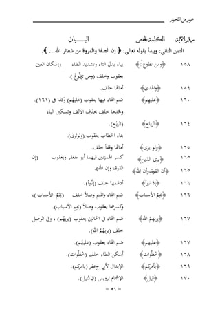 ‫ﻋﺒﲑ ﻣﻦ ﺍﻟﺘﺤﺒﲑ‬
‫ﺍﻟﺒ ـ ـ ـ ـ ـ ـ ــﻴﺎﻥ‬

‫ﺭﻗﻢ ﺍﻵﻳﺔ‬

‫ﺍﻟﻜﻠﻤﺔ ﳊﻔﺺ‬

‫٨٥١‬

‫﴿وﻣﻦ ﺗﻂوع◌﴾‬
‫َ َ‬

‫٩٥١‬

‫﴿واﳍﺪى﴾‬
‫ِ‬
‫﴿ﻋﻠﻴﻬﻢ﴾‬

‫ﺿﻢ اﳍﺎء ﻓﻴﻬﺎ ﻳﻌﻘﻮب )ﻋﻠﻴﻬﻢ( ﻛﺬا ﰲ )١٦١(.‬
‫ُ و‬

‫٤٦١‬

‫﴿اﻟﺮﻳﺎح﴾‬

‫)اﻟﺮﻳْﺢ(.‬

‫٥٦١‬
‫٥٦١‬

‫﴿وﻟﻮ ﻳﺮى﴾‬

‫اﻟﺜﻤﻦ اﻟﺜﺎﻧﻲ: وﻳﺒﺪأ ﺑﻘﻮﻟﻪ ﺗﻌﺎﻟﻰ: ‪ ‬إن اﻟﺼﻔﺎ واﻟﻤﺮوة ﻣﻦ ﺷﻌﺎﺋﺮ اﷲ... ‪.‬‬

‫٠٦١‬

‫ﺑﻴﺎء ﺑﺪل اﻟﺘﺎء وﺗﺸﺪﻳﺪ اﻟﻄﺎء‬

‫وإﺳﻜﺎن اﻟﻌﲔ‬

‫ﻳﻌﻘﻮب وﺧﻠﻒ )وﻣﻦ ﻃﱠﻮع (.‬
‫ي ْ‬
‫َ‬

‫أﻣﺎﳍﺎ ﺧﻠﻒ.‬

‫وﺣﺪﻫﺎ ﺧﻠﻒ ﲝﺬف اﻷﻟﻒ وﺗﺴﻜﲔ اﻟﻴﺎء‬
‫ّ‬

‫ﺑﺘﺎء اﳋﻄﺎب ﻳﻌﻘﻮب )وﻟﻮﺗﺮى(.‬

‫﴿ﻳﺮى اﻟﺬﻳﻦ﴾‬

‫٥٦١‬

‫﴿أن اﻟﻘﻮة،وأن اﷲ﴾‬

‫٦٦١‬

‫﴿إذ ﺗﱪأ﴾‬
‫﴿ﺑِﻢ اﻷﺳﺒﺎب﴾‬
‫ُ‬

‫٧٦١‬

‫ِ‬
‫﴿ﻳﺮﻳﻬﻢ اﷲ﴾‬
‫ُ‬

‫٧٦١‬

‫﴿ﻋﻠﻴﻬﻢ﴾‬

‫٨٦١‬

‫﴿ﺧﻄُﻮات﴾‬
‫ُ‬

‫٦٦١‬

‫٩٦١‬
‫٠٧١‬

‫﴿ ﻛﻢ﴾‬
‫ﻳﺄﻣﺮ‬
‫﴿ﻗِﻴﻞ﴾‬

‫أﻣﺎﳍﺎ وﻗﻔﺎً ﺧﻠﻒ.‬
‫ﻛﺴﺮ اﳍﻤﺰﺗﲔ ﻓﻴﻬﻤﺎ أﺑﻮ ﺟﻌﻔﺮ وﻳﻌﻘﻮب‬
‫َ‬
‫اﻟﻘﻮة، وإِن اﷲ(.‬

‫)إِن‬

‫أدﻏﻤﻬﺎ ﺧﻠﻒ )إِﺗﱠﱪأ(.‬

‫ِ‬
‫ﺿﻢ اﳍﺎء واﳌﻴﻢ وﺻﻼً ﺧﻠﻒ )ﺑُﻢ‬
‫ُ‬
‫ِ‬
‫ﻛﺴﺮﳘﺎ ﻳﻌﻘﻮب وﺻﻼً )ﺑِﻢ اﻷﺳﺒﺎب(.‬
‫و‬

‫اﻷﺳﺒﺎب (،‬

‫ﺿﻢ اﳍﺎء ﰲ اﳊﺎﻟﲔ ﻳﻌﻘﻮب )ﻳﺮﻳﻬﻢ ( ، وﰲ اﻟﻮﺻﻞ‬
‫ُ‬

‫ﺧﻠﻒ )ﻳﺮﻳﻬﻢ اﷲ(.‬
‫ُُ‬

‫ﺿﻢ اﳍﺎء ﻳﻌﻘﻮب )ﻋﻠﻴﻬﻢ(.‬
‫ُ‬

‫أﺳﻜﻦ اﻟﻄﺎء ﺧﻠﻒ )ﺧﻄْﻮات(.‬
‫ُ‬
‫اﻹﺑﺪال ﻷﰊ جﻋﻔﺮ ) ﻛﻢ(.‬
‫ﻳﺎﻣﺮ‬
‫ِ‬
‫اﻹﴰﺎم ﻟﺮوﻳﺲ )ق◌ـﻴﻞ(.‬
‫ُ‬
‫≠ ∂‪≠ µ‬‬

 