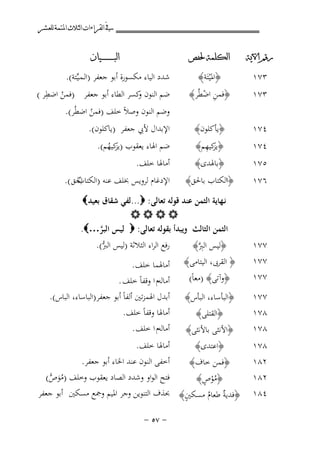 ‫ﰲ ﺍﻟﻘﺮﺍﺀﺍﺕ ﺍﻟﺜﻼﺙ ﺍﳌﺘﻤﺔ ﻟﻠﻌﺸﺮ‬
‫ﺭﻗﻢ ﺍﻵﻳﺔ‬

‫ﺍﻟﻜﻠﻤﺔ ﳊﻔﺺ‬

‫٣٧١‬
‫٣٧١‬

‫﴿اﳌﻴﺘَﺔ﴾‬
‫ْ‬

‫﴿ﻓﻤﻦ اﺿﻄُﺮ﴾‬
‫ِ ْ‬

‫٤٧١‬

‫﴿ﻳﺄﻛﻠﻮن﴾‬
‫ﻳﺰ ِ‬
‫﴿ ﻛﻴﻬﻢ﴾‬

‫٥٧١‬

‫﴿ﺑﺎﳍﺪى﴾‬

‫٦٧١‬

‫﴿اﻟﻜﺘﺎب ﺑﺎﳊﻖ﴾‬

‫٤٧١‬

‫٧٧١‬
‫٧٧١‬
‫٧٧١‬
‫٧٧١‬
‫٨٧١‬
‫٨٧١‬
‫٨٧١‬
‫٢٨١‬
‫٢٨١‬
‫٤٨١‬

‫ﺍﻟﺒ ـ ـ ـ ـ ـ ـ ــﻴﺎﻥ‬

‫ﺷﺪد اﻟﻴﺎء ﻣﻜﺴﻮرة أﺑﻮ ﺟﻌﻔﺮ )اﻟـﻤـﻴﱢﺘﺔ(.‬

‫ِ‬
‫ﺿﻢ اﻟﻨﻮن ﻛﺴﺮ اﻟﻄﺎء أﺑﻮ ﺟﻌﻔﺮ )ﻓﻤﻦ اﺿﻄﺮ (‬
‫و‬
‫ُ‬
‫وﺿﻢ اﻟﻨﻮن وﺻﻼً ﺧﻠﻒ )ﻓﻤﻦ اﺿﻄُﺮ(.‬
‫ُ‬

‫اﻹﺑﺪال ﻷﰊ ﺟﻌﻔﺮ )ﻳﺎﻛﻠﻮن(.‬
‫ﺿﻢ اﳍﺎء ﻳﻌﻘﻮب ) ﻛﻴﻬﻢ(.‬
‫ﻳﺰ ُ‬

‫أﻣﺎﳍﺎ ﺧﻠﻒ.‬

‫اﻹدﻏﺎم ﻟﺮوﻳﺲ ﲞﻠﻒ ﻋﻨﻪ ) اﳊﻖ (.‬
‫اﻟﻜﺘﺎب‬
‫ﱢ‬

‫ﻧـﻬﺎﻳﺔ اﻟﺜﻤﻦ ﻋﻨﺪ ﻗﻮﻟﻪ ﺗﻌﺎﻟﻰ: ‪...‬ﻟﻔﻲ ﺷﻘﺎق ﺑﻌﻴﺪ‪‬‬
‫‪‬‬
‫اﻟﺜﻤﻦ اﻟﺜﺎﻟﺚ وﻳﺒﺪأ ﺑﻘﻮﻟﻪ ﺗﻌﺎﻟﻰ: ‪ ‬ﻟﻴﺲ اﻟﺒﺮ…‪.‬‬
‫ﱠ‬
‫رﻓﻊ اﻟﺮاء اﻟﺜﻼﺛﺔ )ﻟﻴﺲ اﻟ ﱡ(.‬
‫ﱪ‬
‫﴿ﻟﻴﺲ اﻟﱪ﴾‬
‫ِﱠ‬

‫﴿ اﻟﻘﺮﰉ، اﻟﻴﺘﺎﻣﻰ﴾‬
‫﴿وآﺗﻰ﴾ )ﻣﻌﺎً(‬
‫﴿اﻟﺒﺄﺳﺎء، اﻟﺒﺄس﴾‬
‫﴿اﻟﻘﺘﻠﻰ﴾‬
‫﴿اﻷﻧﺜﻰ ﺑﺎﻷﻧﺜﻰ﴾‬

‫أﻣﺎﳍﻤﺎ ﺧﻠﻒ.‬
‫أﻣﺎﻟﻪم ا وﻗﻔﺎً ﺧﻠﻒ .‬

‫أﺑﺪل اﳍﻤﺰﺗﲔ أﻟﻔﺎً أﺑﻮ ﺟﻌﻔﺮ)اﻟﺒﺎﺳﺎء، اﻟﺒﺎس(.‬
‫أﻣﺎﳍﺎ وﻗﻔﺎً ﺧﻠﻒ.‬
‫أﻣﺎﻟﻪم ا ﺧﻠﻒ .‬

‫أﻣﺎﳍﺎ ﺧﻠﻒ.‬
‫﴿اﻋﺘﺪى﴾‬
‫أﺧﻔﻰ اﻟﻨﻮن ﻋﻨﺪ اﳋﺎء أﺑﻮ ﺟﻌﻔﺮ.‬
‫﴿ﻓﻤﻦ ﺧﺎف﴾‬
‫ﻓﺘﺢ اﻟﻮاو وﺷﺪد اﻟﺼﺎد ﻳﻌﻘﻮب وﺧﻠﻒ )ُﻮَصً(‬
‫ُْ ٍ‬
‫﴿ﻣﻮص﴾‬
‫ّ‬
‫ٍ‬
‫﴿ﻓﺪﻳ ٌ ﻃﻌﺎم ﻣﺴﻜﲔ﴾ ﲝﺬف اﻟﺘﻨﻮﻳﻦ وﺟﺮ اﳌﻴﻢ وﲨﻊ ﻣﺴﻜﲔ أﺑﻮ ﺟﻌﻔﺮ‬
‫ﺔ ُ‬
‫≠ ∑‪≠ µ‬‬

 