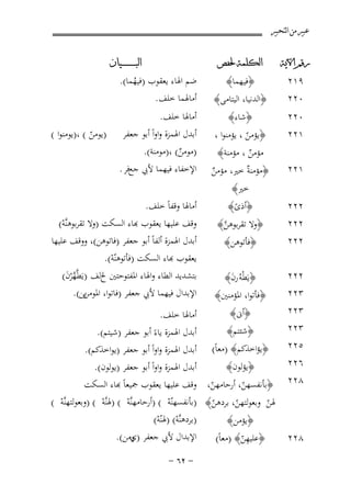 ‫ﻋﺒﲑ ﻣﻦ ﺍﻟﺘﺤﺒﲑ‬
‫ﺭﻗﻢ ﺍﻵﻳﺔ‬

‫٩١٢‬
‫٠٢٢‬
‫٠٢٢‬
‫١٢٢‬

‫ﺍﻟﻜﻠﻤﺔ ﳊﻔﺺ‬

‫﴿ﻓﻴﻬﻤﺎ﴾‬

‫﴿اﻟﺪﻧﻴﺎ، اﻟﻴﺘﺎﻣﻰ﴾‬
‫﴿ﺷﺎء﴾‬
‫﴿ﻳﺆﻣﻦ ، ﻳﺆﻣﻨﻮا ،‬
‫ّ‬
‫ﻣﺆﻣﻦ ، ﻣﺆﻣﻨﺔ﴾‬
‫ٌ‬

‫١٢٢‬

‫﴿ﻣﺆﻣﻨ ٌ ﺧﲑ، ﻣﺆﻣﻦ‬
‫ﺔ‬
‫ٌ‬
‫ﺧﲑ﴾‬

‫٢٢٢‬
‫٢٢٢‬
‫٢٢٢‬

‫﴿أذى﴾‬
‫ً‬

‫٢٢٢‬
‫٣٢٢‬
‫٣٢٢‬
‫٣٢٢‬
‫٥٢٢‬
‫٦٢٢‬
‫٨٢٢‬

‫٨٢٢‬

‫﴿وﻻ ﺗﻘﺮﺑﻮﻫﻦ﴾‬
‫ﱠ‬
‫﴿ﻓﺄﺗﻮﻫﻦ﴾‬
‫﴿ﻳَﻄْﻪُ رن﴾‬
‫َ‬

‫﴿ﻓﺄﺗﻮا، اﳌﺆﻣﻨﲔ﴾‬
‫﴿أﱏ﴾‬
‫﴿ﺷﺌﺘﻢ﴾‬

‫ﺍﻟﺒ ـ ـ ـ ـ ـ ـ ــﻴﺎﻥ‬

‫ﺿﻢ اﳍﺎء ﻳﻌﻘﻮب )ﻓﻴﻬﻤﺎ(.‬
‫ُ‬
‫أﻣﺎﳍﻤﺎ ﺧﻠﻒ.‬
‫أﻣﺎﳍﺎ ﺧﻠﻒ.‬
‫أﺑﺪل اﳍﻤﺰة واواً أﺑﻮ ﺟﻌﻔﺮ‬
‫)ﻣﻮﻣﻦ( ،)ﻣﻮﻣﻨﺔ(.‬
‫ٌ‬

‫)ﻳﻮﻣﻦ ( ،)ﻳﻮﻣﻨﻮا (‬
‫ّ‬

‫اﻹﺧﻔﺎء ﻓﻴﻬﻤﺎ ﻷﰊ ﺟﻊﻓﺮ .‬

‫أﻣﺎﳍﺎ وﻗﻔﺎً ﺧﻠﻒ.‬
‫ﻗﻒ ﻋﻠﻴﻬﺎ ﻳﻌﻘﻮب ﻬﺑﺎء اﻟﺴﻜﺖ )وﻻ ﺗﻘﺮﺑﻮﻫﻨﱠﻪ(‬
‫ْ‬
‫أﺑﺪل اﳍﻤﺰة أﻟﻔﺎً أﺑﻮ ﺟﻌﻔﺮ )ﻓﺎﺗﻮﻫﻦ(، ووﻗﻒ ﻋﻠﻴﻬﺎ‬
‫ﻌﻘﻮب ﻬﺑﺎء اﻟﺴﻜﺖ )ﻓﺄﺗﻮﻫﻨّﻪ(.‬
‫ْ‬
‫ﺑﺘﺸﺪﻳﺪ اﻟﻄﺎء واﳍﺎء اﳌﻔﺘﻮﺣﺘﲔ ﱁﻟﻒ )ﻳَﻄﱠﻬﺮن(‬
‫ﱠْ َ‬
‫اﻹﺑﺪال ﻓﻴﻬﻤﺎ ﻷﰊ ﺟﻌﻔﺮ )ﻓﺎﺗﻮا، ﻳﻦ(.‬
‫اﳌﻮﻣﻦ‬

‫أﻣﺎﳍﺎ ﺧﻠﻒ.‬
‫أﺑﺪل اﳍﻤﺰة ﻳﺎءً أﺑﻮ ﺟﻌﻔﺮ )ﺷﻴﺘﻢ(.‬

‫﴿ﻳﺆاﺧﺬﻛﻢ﴾ )ﻣﻌﺎً( أﺑﺪل اﳍﻤﺰة واواً أﺑﻮ ﺟﻌﻔﺮ )ﻳﻮاﺧﺬﻛﻢ(.‬
‫﴿ﻳﺆﻟﻮن﴾‬
‫أﺑﺪل اﳍﻤﺰة واواً أﺑﻮ ﺟﻌﻔﺮ )ﻳﻮﻟﻮن(.‬
‫﴿ﺑﺄﻧﻔﺴﻬﻦ، أرﺣﺎﻣﻬﻦ، ﻗﻒ ﻋﻠﻴﻬﺎ ﻳﻌﻘﻮب ﲨﻴﻌﺎً ﻬﺑﺎء اﻟﺴﻜﺖ‬
‫ّ‬
‫ّ‬
‫ﳍﻦ وﺑﻌﻮﻟﺘﻬﻦ، ﺑﺮدﻫﻦ﴾ )ﺑﺄﻧﻔﺴﻬﻨّﻪ ( )أرﺣﺎﻣﻬﻨﱠﻪ ( )ﳍﻨﱠﻪ ( )وﺑﻌﻮﻟﺘﻬﻨﱠﻪ (‬
‫ْ‬
‫ْ‬
‫ْ‬
‫ْ‬
‫ّ‬
‫ّ‬
‫ّ‬
‫)ﺑﺮدﻫﻨﱠﻪ( )ﳍﻨّﻪ(‬
‫﴿ﻳﺆﻣﻦ﴾‬
‫ْ ْ‬
‫ِ‬
‫اﻹﺑﺪال ﻷﰊ ﺟﻌﻔﺮ ) وﻣﻦ(.‬
‫ي‬
‫﴿ﻋﻠﻴﻬﻦ﴾ )ﻣﻌﺎً(‬
‫ّ‬
‫≠ ≤∂ ≠‬

 