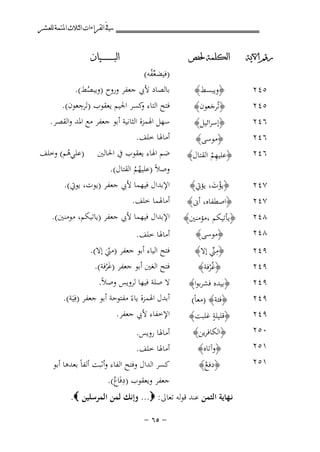 ‫ﰲ ﺍﻟﻘﺮﺍﺀﺍﺕ ﺍﻟﺜﻼﺙ ﺍﳌﺘﻤﺔ ﻟﻠﻌﺸﺮ‬
‫ﺭﻗﻢ ﺍﻵﻳﺔ‬

‫ﺍﻟﻜﻠﻤﺔ ﳊﻔﺺ‬

‫٥٤٢‬

‫﴿وﻳﺒﺴﻂ﴾‬

‫٥٤٢‬
‫٦٤٢‬
‫٦٤٢‬
‫٦٤٢‬

‫﴿ﺗُﺮﺟﻌﻮن﴾‬
‫َ‬
‫﴿إﺳﺮاﺋﻴﻞ﴾‬

‫﴿ﻣﻮﺳﻰ﴾‬
‫ِ‬
‫﴿ﻋﻠﻴﻬﻢ اﻟﻘﺘﺎل﴾‬
‫ُ‬

‫٧٤٢‬
‫٧٤٢‬

‫﴿ﻳﺆت، ﻳﺆﰐ﴾‬
‫ْ َ‬

‫٨٤٢‬
‫٨٤٢‬

‫﴿ﻳﺄﺗﻴﻜﻢ ،ﻣﺆﻣﻨﲔ﴾‬

‫٩٤٢‬
‫٩٤٢‬
‫٩٤٢‬
‫٩٤٢‬
‫٩٤٢‬
‫٠٥٢‬
‫١٥٢‬
‫١٥٢‬

‫﴿اﺻﻄﻔﺎﻩ، أﱏ﴾‬
‫﴿ﻣﻮﺳﻰ﴾‬
‫﴿ﻣﲏ إﻻ﴾‬
‫ِﱢ‬
‫﴿ﻏُﺮﻓﺔ﴾‬
‫ْ‬

‫﴿ﺑﻴﺪﻩ ﻓﺸﺮﺑﻮا﴾‬
‫﴿ﻓﺌﺔ﴾ )ﻣﻌﺎً(‬
‫ٍ‬
‫﴿ﻗﻠﻴﻠﺔ ﻏﻠﺒﺖ﴾‬

‫ﺍﻟﺒ ـ ـ ـ ـ ـ ـ ــﻴﺎﻥ‬

‫)ﻓﻴﻀﻌﻔﻪ(‬
‫ﱢُ‬
‫ﺑﺎﻟﺼﺎد ﻷﰊ ﺟﻌﻔﺮ وروح )وﻳﺒﺼﻂ(.‬
‫ُ‬
‫ﻓﺘﺢ اﻟﺘﺎء ﻛﺴﺮ اﳉﻴﻢ ﻳﻌﻘﻮب )ﺗَ ِ‬
‫ﺮﺟﻌﻮن(.‬
‫و‬

‫ﺳﻬﻞ اﳍﻤﺰة اﻟﺜﺎﻧﻴﺔ أﺑﻮ ﺟﻌﻔﺮ ﻣﻊ اﳌﺪ واﻟﻘﺼﺮ .‬
‫أﻣﺎﳍﺎ ﺧﻠﻒ.‬
‫ﺿﻢ اﳍﺎء ﻳﻌﻘﻮب ﰲ اﳊﺎﻟﲔ )ﻋﻠﻲﻫﻢ( وﺧﻠﻒ‬
‫ُ‬
‫وﺻﻼً )ﻋﻠﻴﻬﻢ اﻟﻘﺘﺎل(.‬
‫ُُ‬
‫اﻹﺑﺪال ﻓﻴﻬﻤﺎ ﻷﰊ ﺟﻌﻔﺮ )ﻳﻮت، ﻳﻮﰐ(.‬
‫أﻣﺎﳍﻤﺎ ﺧﻠﻒ.‬

‫اﻹﺑﺪال ﻓﻴﻬﻤﺎ ﻷﰊ ﺟﻌﻔﺮ )ﻳﺎﺗﻴﻜﻢ، ﻣﻮﻣﻨﲔ(.‬
‫أﻣﺎﳍﺎ ﺧﻠﻒ.‬
‫ﻓﺘﺢ اﻟﻴﺎء أﺑﻮ ﺟﻌﻔﺮ )ﻣﲏ إﻻ(.‬
‫َّ‬
‫ﻓﺘﺢ اﻟﻐﲔ أﺑﻮ ﺟﻌﻔﺮ )ﻏﺮﻓﺔ(.‬
‫َْ‬

‫ﻻ ﺻﻠﺔ ﻓﻴﻬﺎ ﻟﺮوﻳﺲ وﺻﻼً.‬
‫أﺑﺪل اﳍﻤﺰة ﻳﺎءً ﻣﻔﺘﻮﺣﺔ أﺑﻮ ﺟﻌﻔﺮ )ﻓِﻴَﺔ(.‬
‫اﻹﺧﻔﺎء ﻷﰊ ﺟﻌﻔﺮ.‬

‫﴿اﻟﻜﺎﻓﺮﻳﻦ﴾‬
‫أﻣﺎﳍﺎ روﻳﺲ.‬
‫﴿وآﺗﺎﻩ﴾‬
‫أﻣﺎﳍﺎ ﺧﻠﻒ.‬
‫ﻛﺴﺮ اﻟﺪال وﻓﺘﺢ اﻟﻔﺎء وأﺛﺒﺖ أﻟﻔﺎً ﺑﻌﺪﻫﺎ أﺑﻮ‬
‫﴿دﻓﻊ﴾‬
‫ُ‬
‫ِ‬
‫ﺟﻌﻔﺮ وﻳﻌﻘﻮب )دﻓَﺎعُ(.‬
‫ﻧـﻬﺎﻳﺔ اﻟﺜﻤﻦ ﻋﻨﺪ ﻗﻮﻟﻪ ﺗﻌﺎﱃ: ‪ ...‬وإﻧﻚ ﻟﻤﻦ اﻟﻤﺮﺳﻠﻴﻦ ‪.‬‬
‫≠ ‪≠ ∂µ‬‬

 