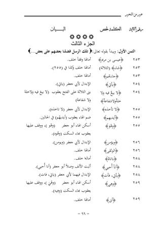 ‫ﻋﺒﲑ ﻣﻦ ﺍﻟﺘﺤﺒﲑ‬
‫ﺭﻗﻢ ﺍﻵﻳﺔ‬

‫ﺍﻟﻜﻠﻤﺔ ﳊﻔﺺ‬

‫‪‬‬
‫‪B‬‬
‫۱‬

‫ﺍﻟﺒ ـ ـ ـ ـ ـ ـ ــﻴﺎﻥ‬

‫ﺍﻟﺟﺯء ﺍﻟﺛﺎﻟﺙ‬

‫اﻟﺜﻤﻦ اﻷول: وﻳﺒﺪأ ﺑﻘﻮﻟﻪ ﺗﻌﺎﱃ:‪ ‬ﺗﻠﻚ اﻟﺮﺳﻞ ﻓﻀﻠﻨﺎ ﺑﻌﻀﻬﻢ ﻋﻠﻰ ﺑﻌﺾ ...‪‬‬

‫٣٥٢‬
‫٣٥٢‬
‫٣٥٢‬
‫٤٥٢‬
‫٤٥٢‬
‫٥٥٢‬
‫٥٥٢‬

‫﴿ﻋﻴﺴﻰ ﺑﻦ ﻣﺮﱘ﴾‬
‫﴿ﺷﺎء﴾ )اﻟﺜﻼﺛﺔ(‬
‫﴿ﺎءﻬﺗﻢ﴾‬
‫﴿ﻳﺄﰐ﴾‬
‫﴿ﻻ ﺑﻴﻊ ﻓﻴﻪ وﻻ‬
‫ٌ‬
‫ﺧﻠ ٌوﻻﺷﻔﺎﻋ ٌ﴾‬
‫ﺔ‬
‫ﺔ‬
‫﴿ﻻ ﺗﺄﺧﺬﻩ﴾‬
‫ِ‬
‫﴿أﻳﺪﻳﻬﻢ﴾‬

‫٥٥٢‬

‫﴿وﻫﻮ﴾‬
‫َُ‬

‫٦٥٢‬
‫٦٥٢‬
‫٨٥٢‬
‫٨٥٢‬

‫﴿وﻳﺆﻣﻦ﴾‬

‫٨٥٢‬
‫٩٥٢‬
‫٩٥٢‬

‫﴿اﻟﻮﺛﻘﻰ﴾‬
‫﴿ءَاﺗﺎﻩُ﴾‬
‫﴿أﻧﺎْ أُﺣﻴﻲ﴾‬
‫﴿ﻳﺄﰐ، ﻓﺄت﴾‬
‫ِ‬
‫﴿وﻫﻲ﴾‬
‫﴿أﱏ﴾‬

‫أﻣﺎﳍﺎ وﻗﻔﺎً ﺧﻠﻒ.‬
‫أﻣﺎﳍﺎ ﺧﻠﻒ ﻛﺬا ﰲ )٥٥٢(.‬
‫و‬

‫أﻣﺎﳍﺎ ﺧﻠﻒ.‬
‫اﻹﺑﺪال ﻷﰊ ﺟﻌﻔﺮ )ﻳﺎﰐ(.‬
‫ﺑﲎ اﻟﺜﻼﺛﺔ ﻋﻠﻰ اﻟﻔﺘﺢ ﻳﻌﻘﻮب )ﻻ ﺑﻴﻊ ﻓﻴﻪ وﻻﺧﻠﺔَ‬
‫َ‬
‫وﻻ ﺷﻔﺎﻋﺔَ(‬
‫اﻹﺑﺪال ﻷﰊ ﺟﻌﻔﺮ )ﻻ ﺗﺎﺧﺬﻩ(.‬
‫ﺿﻢ اﳍﺎء ﻳﻌﻘﻮب )أﻳﺪﻳﻬﻢ( ﰲ اﳊﺎﻟﲔ.‬
‫ُ‬

‫أﺳﻜﻦ اﳍﺎء أﺑﻮ ﺟﻌﻔﺮ )وﻫﻮ (، ووﻗﻒ ﻋﻠﻴﻬﺎ‬
‫ْ‬
‫ﻌﻘﻮب ﻬﺑﺎء اﻟﺴﻜﺖ )وﻫﻮﻩ(.‬
‫ُ‬

‫اﻹﺑﺪال ﻷﰊ ﺟﻌﻔﺮ )وﻳﻮﻣﻦ(.‬
‫أﻣﺎﳍﺎ ﺧﻠﻒ.‬
‫أﻣﺎﻟﻪا ﺧﻠﻒ .‬
‫أﺛﺒﺖ اﻷﻟﻒ وﺻﻼً أﺑﻮ ﺟﻌﻔﺮ )أﻧﺎ أُﺣﻴﻲ(.‬

‫اﻹﺑﺪال ﻓﻴﻬﻤﺎ ﻷﰊ ﺟﻌﻔﺮ )ﻳﺎﰐ، ﻓﺎت(.‬
‫أﺳﻜﻦ اﳍﺎء أﺑﻮ ﺟﻌﻔﺮ )وﻫﻲ (، ووﻗﻒ ﻋﻠﻴﻬﺎ‬
‫َْ‬
‫ِ‬
‫ﻌﻘﻮب ﻬﺑﺎء اﻟﺴﻜﺖ )وﻫﻴﻪ(.‬
‫أﻣﺎﳍﺎ ﺧﻠﻒ.‬
‫≠ ∂∂ ≠‬

 