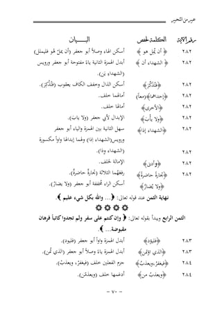 ‫ﻋﺒﲑ ﻣﻦ ﺍﻟﺘﺤﺒﲑ‬
‫ﺭﻗﻢ ﺍﻵﻳﺔ‬

‫٢٨٢‬
‫٢٨٢‬
‫٢٨٢‬
‫٢٨٢‬
‫٢٨٢‬
‫٢٨٢‬
‫٢٨٢‬

‫ﺍﻟﻜﻠﻤﺔ ﳊﻔﺺ‬

‫﴿ أن ﳝِﻞ ﻫﻮ ﴾‬
‫ُ‬

‫﴿ اﻟﺸﻬﺪاء أن ﴾‬
‫﴿ﻓﺘُﺬﻛﺮ﴾‬
‫َ ﱢَ‬

‫﴿إﺣﺪاﳘﺎ﴾)ﻣﻌﺎً(‬
‫﴿اﻷﺧﺮى﴾‬
‫﴿وﻻ ﻳﺄْب﴾‬
‫َ‬
‫﴿اﻟﺸﻬﺪاء إذا﴾‬

‫٢٨٢‬
‫٢٨٢‬
‫٢٨٢‬

‫﴿وأدﱏ﴾‬
‫﴿ﲡﺎرة ﺣﺎﺿﺮة﴾‬
‫ً‬
‫ً‬
‫﴿وﻻ ﻳُﻀﺎر﴾‬
‫ﱠ‬

‫ﺍﻟﺒ ـ ـ ـ ـ ـ ـ ــﻴﺎﻥ‬

‫أﺳﻜﻦ اﳍﺎء وﺻﻼً أﺑﻮ ﺟﻌﻔﺮ )أن ﳝﻞ ﻫﻮ ﻓﻠﻴﻤﻠﻞ(‬
‫ّْ‬
‫أﺑﺪل اﳍﻤﺰة اﻟﺜﺎﻧﻴﺔ ﻳﺎءً ﻣﻔﺘﻮﺣﺔ أﺑﻮ ﺟﻌﻔﺮ وروﻳﺲ‬
‫ِ‬
‫)اﻟﺸﻬﺪاء ﻳَﻦ(.‬
‫أﺳﻜﻦ اﻟﺬال وﺧﻔﻒ اﻟﻜﺎف ﻳﻌﻘﻮب )ﻓﺘُﺬﻛِﺮ(.‬
‫ْ َ‬
‫أﻣﺎﳍﻤﺎ ﺧﻠﻒ.‬
‫أﻣﺎﳍﺎ ﺧﻠﻒ.‬
‫اﻹﺑﺪال ﻷﰊ ﺟﻌﻔﺮ )وﻻ ﻳﺎب(.‬
‫َ‬
‫ﺳﻬﻞ اﻟﺜﺎﻧﻴﺔ ﺑﲔ اﳍﻤﺰة واﻟﻴﺎء أﺑﻮ ﺟﻌﻔﺮ‬
‫وروﻳﺲ)اﻟﺸﻬﺪاء اِذا( وﳍﻤﺎ إﺑﺪاﳍﺎ واواً ﻣﻜﺴﻮرة‬
‫ِ‬
‫)اﻟﺸﻬﺪاء وذا(.‬
‫اﻹﻣﺎﻟﺔ ﳋﻠﻒ.‬
‫رﻓﻌﻬﻤﺎ اﻟﺜﻼﺛﺔ )ﲡﺎرٌ ﺣﺎﺿﺮٌ(.‬
‫ة‬
‫ة‬
‫َُ‬
‫أﺳﻜﻦ اﻟﺮاء ﳐﻔﻔﺔ أﺑﻮ ﺟﻌﻔﺮ )وﻻ ﻳﻀﺎر(.‬
‫ُ‬
‫ْ‬

‫ﻧـﻬﺎﻳﺔ اﻟﺜﻤﻦ ﻋﻨﺪ ﻗﻮﻟﻪ ﺗﻌﺎﱃ: ‪ ...‬واﷲ ﺑﻜﻞ ﺷﻲء ﻋﻠﻴﻢ ‪.‬‬
‫‪‬‬
‫اﻟﺜﻤﻦ اﻟﺮاﺑﻊ وﻳﺒﺪأ ﺑﻘﻮﻟﻪ ﺗﻌﺎﱃ: ‪ ‬وإن ﻛﻨﺘﻢ ﻋﻠﻰ ﺳﻔﺮ وﻟﻢ ﺗﺠﺪوا ﻛﺎﺗﺒﺎً ﻓﺮﻫﺎن‬
‫ﻣﻘﺒﻮﺿﺔ... ‪.‬‬

‫٣٨٢‬
‫٣٨٢‬
‫٤٨٢‬
‫٤٨٢‬

‫﴿ﻓﻠﻴﺆد﴾‬
‫﴿اﻟﺬي اؤﲤﻦ﴾‬
‫﴿ﻓﻴﻐﻔﺮ،وﻳﻌﺬب﴾‬
‫ُ‬
‫ُ‬
‫﴿وﻳﻌﺬب ﻣﻦ﴾‬
‫ُ‬

‫أﺑﺪل اﳍﻤﺰة واواً أﺑﻮ ﺟﻌﻔﺮ )ﻓﻠﻴﻮد(.‬
‫أﺑﺪل اﳍﻤﺰة ﻳﺎءً وﺻﻼً أﺑﻮ ﺟﻌﻔﺮ )اﻟﺬي ﲤﻦ(.‬
‫ُ‬
‫ﺟﺰم اﻟﻔﻌﻠﲔ ﺧﻠﻒ )ﻓﻴﻐﻔﺮ، وﻳﻌﺬب(.‬
‫ْ‬
‫ْ‬

‫أدﻏﻤﻬﺎ ﺧﻠﻒ )وﻳﻌﺬﻣﻦ(.‬
‫ّ‬
‫≠ ∞∑ ≠‬

 