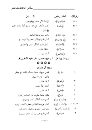 ‫ﰲ ﺍﻟﻘﺮﺍﺀﺍﺕ ﺍﻟﺜﻼﺙ ﺍﳌﺘﻤﺔ ﻟﻠﻌﺸﺮ‬
‫ﺭﻗﻢ ﺍﻵﻳﺔ‬

‫ﺍﻟﻜﻠﻤﺔ ﳊﻔﺺ‬

‫٥٨٢‬
‫٦٨٢‬
‫٦٨٢‬

‫﴿ﻻ ﻧـُﻔﺮق﴾‬
‫َﱢ‬

‫٥٨٢‬
‫٥٨٢‬

‫٦٨٢‬
‫٦٨٢‬

‫ﺍﻟﺒ ـ ـ ـ ـ ـ ـ ــﻴﺎﻥ‬

‫اﻹﺑﺪال ﻷﰊ ﺟﻌﻔﺮ )واﳌﻮﻣﻨﻮن(.‬
‫ﻛﺴﺮ اﻟﻜﺎف وﻓﺘﺢ اﻟﺘﺎء وأﺛﺒﺖ أﻟﻔﺎً ﺑﻌﺪﻫﺎ ﺧﻠﻒ‬
‫وِ‬
‫) كﺗَﺎﺑﻪ(.‬

‫﴿واﳌﺆﻣﻨﻮن﴾‬
‫وُ ِ‬
‫﴿ ﻛﺘُﺒﻪ﴾‬

‫ﺑﺎﻟﻴﺎء ﻳﻌﻘﻮب )ﻻ ﻳُﻔﺮق(.‬
‫ل‬
‫ﱢ‬
‫أﺑﺪل اﳍﻤﺰة واواً أﺑﻮ ﺟﻌﻔﺮ )ﻻ ﺗﻮاﺧﺬﻧﺎ(.‬

‫﴿ﻻ ﺗﺆاﺧﺬﻧﺎ﴾‬
‫﴿أﺧﻄﺄﻧﺎ﴾‬

‫أﺑﺪل اﳍﻤﺰة أﻟﻔﺎً أﺑﻮ ﺟﻌﻔﺮ )أﺧﻄﺎﻧﺎ(.‬

‫أﻣﺎﳍﺎ ﺧﻠﻒ.‬
‫أﻣﺎﳍﺎ روﻳﺲ .‬

‫﴿ﻣﻮﻻﻧﺎ﴾‬
‫﴿اﻟﻜﺎﻓﺮﻳﻦ﴾‬

‫ﻧـﻬﺎﻳﺔ اﻟﺴﻮرة: ‪ ...‬أﻧﺖ ﻣﻮﻻﻧﺎ ﻓﺎﻧﺼﺮﻧﺎ ﻋﻠﻰ اﻟﻘﻮم اﻟﻜﺎﻓﺮﻳﻦ ‪.‬‬
‫‪‬‬
‫‪B‬‬
‫۲‬

‫١‬

‫﴿اﱂ﴾‬

‫٣‬
‫٤‬
‫٥‬

‫﴿اﻟﺘﻮراة﴾‬

‫٧‬
‫٧‬
‫١١ ،٣١‬
‫٢١‬
‫٢١‬

‫﴿ﻫﺪى﴾‬
‫ً‬
‫﴿ﳜﻔﻰ﴾‬
‫﴿ﻫﻦ﴾‬
‫ّ‬

‫﴿ﺗﺄوﻳﻠﻪ﴾ )ﻣﻌﺎً(‬
‫﴿ﻛﺪأب، رأي﴾‬

‫﴿ﺳﺘُـﻐﻠﺒﻮن وﲢﺸﺮون﴾‬
‫ْ‬
‫ُ َ‬

‫﴿وﺑﺌﺲ﴾‬

‫ﺳﻮرة آل ﻋﻤﺮان‬
‫ﻓﺼﻞ ﺣﺮوف اﳍﺠﺎء ﺑﺴﻜﺘﺔ ﻟﻄﻴﻔﺔ أﺑﻮ ﺟﻌﻔﺮ‬
‫)أﻟﻒ - ﻻم – ﻣﻴﻢ(.‬
‫أﻣﺎﳍﺎ ﺧﻠﻒ.‬
‫أﻣﺎﳍﺎ وﻗﻔﺎً ﺧﻠﻒ.‬
‫أﻣﺎﳍﺎ ﺧﻠﻒ.‬
‫ﻗﻒ ﻋﻠﻴﻬﺎ ﻳﻌﻘﻮب ﻬﺑﺎء اﻟﺴﻜﺖ )ﻫﻨّﻪ(.‬
‫ْ‬
‫ﺑﺪل ﳘﺰﻬﺗﺎ أﻟﻔﺎً أﺑﻮ ﺟﻌﻔﺮ )ﺗﺎوﻳﻠﻪ(.‬
‫أﺑﺪل ﳘﺰﺗﻴﻬﻤﺎ أﻟﻔﺎً أﺑﻮ ﺟﻌﻔﺮ )ﻛﺪاب، راي(.‬
‫ﺑﻴﺎء اﻟﻐﻴﺒﺔ ﺧﻠﻒ )ﺳﻴﻐﻠﺒﻮن، وﳛﺸﺮون(.‬

‫أﺑﺪل اﳍﻤﺰة ﻓﻴﻬﺎ ﻳﺎءً أﺑﻮ ﺟﻌﻔﺮ )وﺑﻴﺲ(.‬
‫≠ ±∑ ≠‬

 