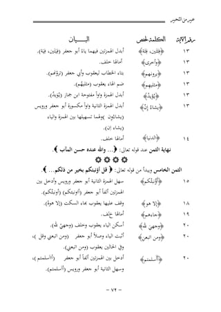 ‫ﻋﺒﲑ ﻣﻦ ﺍﻟﺘﺤﺒﲑ‬
‫ﺭﻗﻢ ﺍﻵﻳﺔ‬

‫٣١‬
‫٣١‬
‫٣١‬
‫٣١‬
‫٣١‬
‫٣١‬

‫٤١‬

‫ﺍﻟﻜﻠﻤﺔ ﳊﻔﺺ‬

‫﴿ﻓِﺌَﺘَﲔ، ﻓِﺌَﺔ﴾‬
‫﴿وأﺧﺮى﴾‬

‫﴿ﻳﺮوﻧـﻬﻢ﴾‬
‫ِ‬
‫﴿ﻣﺜﻠﻴﻬﻢ﴾‬
‫﴿ﻳـُﺆﻳﺪ﴾‬
‫َُ‬
‫﴿ﻳﺸﺎءُ إِن﴾‬
‫ّ‬
‫﴿اﻟﺪﻧﻴﺎ﴾‬

‫ﺍﻟﺒ ـ ـ ـ ـ ـ ـ ــﻴﺎﻥ‬

‫أﺑﺪل اﳍﻤﺰﺗﲔ ﻓﻴﻬﻤﺎ ﻳﺎءً أﺑﻮ ﺟﻌﻔﺮ )ﻓِﻴَﺘَﲔ، ﻓِﻴَﺔ(.‬
‫أﻣﺎﳍﺎ ﺧﻠﻒ.‬
‫ﺑﺘﺎء اﳋﻄﺎب ﻟﻴﻌﻘﻮب وأﰊ ﺟﻌﻔﺮ )ﺗﺮو�ﻢ(.‬
‫ْ‬
‫ﺿﻢ اﳍﺎء ﻳﻌﻘﻮب )ﻣﺜﻠﻴﻬﻢ(.‬
‫ُ‬
‫أﺑﺪل اﳍﻤﺰة واواً ﻣﻔﺘﻮﺣﺔ اﺑﻦ ﲨﺎز )ﻳـُﻮﻳﺪ(.‬
‫َُ‬
‫أﺑﺪل اﳍﻤﺰة اﻟﺜﺎﻧﻴﺔ واواً ﻣﻜﺴﻮرة أﺑﻮ ﺟﻌﻔﺮ وروﻳﺲ‬
‫ِ‬
‫)ﻳﺸﺎءُون (وﳍﻤﺎ ﺗﺴﻬﻴﻠﻬﺎ ﺑﲔ اﳍﻤﺰة واﻟﻴﺎء‬
‫)ﻳﺸﺎء اِن(.‬
‫أﻣﺎﳍﺎ ﺧﻠﻒ.‬

‫ﻧـﻬﺎﻳﺔ اﻟﺜﻤﻦ ﻋﻨﺪ ﻗﻮﻟﻪ ﺗﻌﺎﱃ: ‪ ...‬واﷲ ﻋﻨﺪﻩ ﺣﺴﻦ اﻟﻤﺂب ‪.‬‬
‫‪‬‬
‫اﻟﺜﻤﻦ اﻟﺨﺎﻣﺲ وﻳﺒﺪأ ﻣﻦ ﻗﻮﻟﻪ ﺗﻌﺎﱃ: ‪ ‬ﻗﻞ أؤﻧﺒﺌﻜﻢ ﺑﺨﻴﺮ ﻣﻦ ذﻟﻜﻢ ... ‪.‬‬

‫٥١‬

‫﴿أَؤﻧﺒﺌُﻜﻢ﴾‬
‫ُ‬

‫٨١‬
‫٩١‬

‫﴿إﻻ ﻫﻮ﴾‬
‫﴿ﺟﺎءﻫﻢ﴾‬

‫٠٢‬
‫٠٢‬

‫﴿وﺟﻬﻲ ﷲ﴾‬
‫َ‬
‫ِ‬
‫﴿وﻣﻦ اﺗﺒﻌﻦ﴾‬

‫٠٢‬

‫﴿أَأَﺳﻠﻤﺘﻢ﴾‬

‫ﺳﻬﻞ اﳍﻤﺰة اﻟﺜﺎﻧﻴﺔ أﺑﻮ ﺟﻌﻔﺮ وروﻳﺲ وأدﺧﻞ ﺑﲔ‬

‫اﳍﻤﺰﺗﲔ أﻟﻔﺎً أﺑﻮ ﺟﻌﻔﺮ )أاوﻧﺒﺌﻜﻢ( )أوﻧﺒﺌُﻜﻢ(.‬
‫ﻗﻒ ﻋﻠﻴﻬﺎ ﻳﻌﻘﻮب ﻬﺑﺎء اﻟﺴﻜﺖ )إﻻ ﻫﻮﻩ(.‬
‫ْ‬
‫أﻣﺎﳍﺎ خﻟﻒ .‬
‫أﺳﻜﻦ اﻟﻴﺎء ﻳﻌﻘﻮب وﺧﻠﻒ )وﺟﻬﻲ ﷲ(.‬
‫ْ‬
‫أﺛﺒﺖ اﻟﻴﺎء وﺻﻼً أﺑﻮ ﺟﻌﻔﺮ )وﻣﻦ اﺗﺒﻌﲏ وﻗﻞ (،‬
‫وﰲ اﳊﺎﻟﲔ ﻳﻌﻘﻮب )وﻣﻦ اﺗﺒﻌﲏ(.‬
‫أدﺧﻞ ﺑﲔ اﳍﻤﺰﺗﲔ أﻟﻔﺎً أﺑﻮ ﺟﻌﻔﺮ )أااَﺳﻠﻤﺘﻢ (،‬
‫وﺳﻬﻞ اﻟﺜﺎﻧﻴﺔ أﺑﻮ ﺟﻌﻔﺮ وروﻳﺲ )أاَﺳﻠﻤﺘﻢ(.‬
‫≠ ≤∑ ≠‬

 