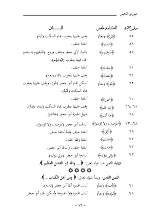 ‫ﻋﺒﲑ ﻣﻦ ﺍﻟﺘﺤﺒﲑ‬
‫ﺭﻗﻢ ﺍﻵﻳﺔ‬

‫٥٥‬
‫٦٥‬
‫٧٥‬
‫١٦‬

‫ﺍﻟﻜﻠﻤﺔ ﳊﻔﺺ‬

‫﴿إﱄ﴾ )ﻣﻌﺎً(‬
‫ﱠ‬
‫﴿اﻟﺪﻧﻴﺎ﴾‬
‫ِ‬
‫﴿ﻓﻴُﻮﻓﻴﻬﻢ﴾‬
‫﴿ﺟﺎءك﴾‬

‫١٦‬
‫٢٦‬

‫﴿ﻟﻌﻨﺖ﴾‬
‫َ‬

‫﴿ﳍُﻮ﴾ )ﻣﻌﺎً(‬
‫َ‬

‫٥٦‬

‫﴿اﻟﺘﻮراة﴾‬

‫٥٦ ،٦٦‬
‫٨٦‬

‫﴿ﱂ، ﻓﻠﻢ﴾‬
‫﴿ﻫﺎ أﻧﺘﻢ﴾‬

‫ﺍﻟﺒ ـ ـ ـ ـ ـ ـ ــﻴﺎﻥ‬

‫ﻗﻒ ﻋﻠﻴﻬﺎ ﻳﻌﻘﻮب ﻬﺑﺎء اﻟﺴﻜﺖ )إﻟﻴّﻪ(.‬
‫ْ‬
‫أﻣﺎﳍﺎ ﺧﻠﻒ.‬
‫ِ‬
‫ﺑﺎﻟﻨﻮن ﻷﰊ ﺟﻌﻔﺮ وﺧﻠﻒ وروح )ﻓﻨُﻮﻓﻴﻬﻢ (، وﺿﻢ‬
‫اﳍﺎء ﻓﻴﻬﺎ ﻳﻌﻘﻮب )ﻓﻴُﻮﻓﻴﻬﻢ(.‬
‫ُ‬
‫أﻣﺎﳍﺎ ﺧﻠﻒ.‬

‫وﻗﻒ ﻋﻠﻴﻬﺎ ﻳﻌﻘﻮب ﺑﺎﳍﺎء )ﻟﻌﻨﻪ(.‬
‫ْ‬
‫أﺳﻜﻦ اﳍﺎء أﺑﻮ ﺟﻌﻔﺮ )ﳍْﻮ(، ووﻗﻒ ﻋﻠﻴﻬﺎ ﻳﻌﻘﻮب‬
‫َ‬
‫ﺑﺎء اﻟﺴﻜﺖ )ﳍُﻮﻩ(.‬
‫َْ‬
‫أﻣﺎﳍﺎ ﺧﻠﻒ.‬
‫ﻗﻒ ﻋﻠﻴﻬﺎ ﻳﻌﻘﻮب ﻬﺑﺎء اﻟﺴﻜﺖ )ﻟِﻤﻪَ، ﻓﻠِﻤﻪ(.‬
‫َْ‬
‫ﺳﻬﻞ اﳍﻤﺰة أﺑﻮ ﺟﻌﻔﺮ )ﻫﺎاَﻧﺘﻢ(.‬

‫٨٦، ٣٧ ﴿اﳌﺆﻣﻨﲔ، وﻻ ﺗﺆﻣﻨﻮا﴾ أﺑﺪﳍﻤﺎ أﺑﻮ ﺟﻌﻔﺮ )اﳌﻮﻣﻨﲔ، وﻻ ﺗﻮﻣﻨﻮا(.‬
‫٨٦‬
‫﴿أَوﱃ﴾‬
‫أﻣﺎﳍﺎ ﺧﻠﻒ وﻗﻔﺎً.أﻣﺎﳍﺎ ﺧﻠﻒ.‬
‫ْ‬
‫٣٧‬
‫﴿اﳍﺪى﴾‬
‫أﻣﺎﳍﺎ وﻗﻔﺎً ﺧﻠﻒ.‬
‫٣٧‬
‫﴿ﻫﺪى﴾‬
‫أﻣﺎﳍﺎ ﺧﻠﻒ، وأﺑﺪﳍﺎ أﺑﻮ ﺟﻌﻔﺮ.‬
‫٣٧‬
‫﴿ﻳﺆﺗﻰ،ﻳﺆﺗﻴﻪ﴾‬
‫أﺑﺪﻟﻪم ا أﺑﻮ ﺟﻌﻔﺮ )ﻳﻮﰐ،ﻳﻮﺗﻴﻪ(.‬
‫ﻧـﻬﺎﻳﺔ اﻟﺜﻤﻦ ﻋﻨﺪ ﻗﻮﻟﻪ ﺗﻌﺎﱃ: ‪ ...‬واﷲ ذو اﻟﻔﻀﻞ اﻟﻌﻈﻴﻢ ‪.‬‬
‫‪‬‬
‫اﻟﺜﻤﻦ اﻟﺜﺎﻣﻦ: وﻳﺒﺪأ ﺑﻘﻮﻟﻪ ﺗﻌﺎﱃ: ‪ ‬وﻣﻦ أﻫﻞ اﻟﻜﺘﺎب...‪.‬‬
‫٥٧‬
‫٥٧‬

‫﴿ﺗﺄﻣﻨﻪ﴾ )ﻣﻌﺎً(‬
‫﴿ﻳـُﺆدﻩ﴾ )ﻣﻌﺎً(‬
‫َ‬

‫أﺑﺪل اﳍﻤﺰة أﻟﻔﺎً أﺑﻮ ﺟﻌﻔﺮ )ﺗﺎﻣﻨﻪ(.‬
‫أﺑﺪل اﳍﻤﺰة واواً ﻣﻔﺘﻮﺣﺔ وأﺳﻜﻦ اﳍﺎء أﺑﻮ ﺟﻌﻔﺮ‬
‫≠ ∂∑ ≠‬

 