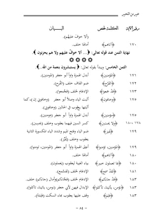 ‫ﻋﺒﲑ ﻣﻦ ﺍﻟﺘﺤﺒﲑ‬
‫ﺭﻗﻢ ﺍﻵﻳﺔ‬

‫ﺍﻟﻜﻠﻤﺔ ﳊﻔﺺ‬

‫٠٧١‬

‫﴿آﺗﺎﻫﻢ﴾‬

‫ﺍﻟﺒ ـ ـ ـ ـ ـ ـ ــﻴﺎﻥ‬

‫)أﻻ ﺧﻮف ﻋﻠﻴﻬﻢ(.‬
‫َ ُ‬
‫أﻣﺎﳍﺎ ﺧﻠﻒ.‬

‫ﻧـﻬﺎﻳﺔ اﻟﺜﻤﻦ ﻋﻨﺪ ﻗﻮﻟﻪ ﺗﻌﺎﻟﻰ: ‪ ...‬أﻻ ﺧﻮف ﻋﻠﻴﻬﻢ وﻻ ﻫﻢ ﻳﺤﺰﻧﻮن ‪.‬‬
‫ٌ‬
‫‪‬‬
‫اﻟﺜﻤﻦ اﻟﺨﺎﻣﺲ: وﻳﺒﺪأ ﺑﻘﻮﻟﻪ ﺗﻌﺎﱃ: ‪ ‬ﻳﺴﺘﺒﺸﺮون ﺑﻨﻌﻤﺔ ﻣﻦ اﷲ ..‪.‬‬
‫﴿اﳌﺆﻣﻨﲔ﴾‬

‫أﺑﺪل اﳍﻤﺰة واواً أﺑﻮ ﺟﻌﻔﺮ )اﳌﻮﻣﻨﲔ(.‬

‫١٧١‬
‫٣٧١‬

‫﴿ﻗﺪ ﲨﻌﻮا﴾‬
‫ْ‬

‫اﻹدﻏﺎم ﳋﻠﻒ )ﻗﺠﻤﻌﻮا(.‬
‫ﱠ‬

‫٢٧١‬

‫﴿اﻟﻘ ْح﴾‬
‫َﺮ‬

‫٥٧١‬

‫﴿وﺧﺎﻓﻮن﴾‬

‫٥٧١‬

‫﴿ﻣﺆﻣﻨﲔ﴾‬

‫ﺿﻢ اﻟﻘﺎف ﺧﻠﻒ )اﻟﻘ ح(.‬
‫ُﺮ‬

‫أﺛﺒﺖ اﻟﻴﺎء وﺻﻼً أﺑﻮ ﺟﻌﻔﺮ )وﺧﺎﻓﻮﱐ إن (، ﻛﻤﺎ‬
‫أﺛﺒﺘﻬﺎ ﻳﻊﻗﻮب ﰲ اﳊﺎﻟﲔ )وﺧﺎﻓﻮﱐ(.‬
‫أﺑﺪل اﳍﻤﺰة واواً أﺑﻮ ﺟﻌﻔﺮ )موﻣﻨﲔ(.‬
‫ِ‬
‫ﻛﺴﺮ اﻟﺴﲔ ﻓﻴﻬﻤﺎ ﻳﻌﻘﻮب وﺧﻠﻒ )ﳛﺴﱭ(.‬

‫٨٧١ ،٠٨١‬

‫٩٧١‬

‫﴿وﻻ ﳛﺴﱭ﴾‬
‫َ‬
‫﴿ﳝﻴﺰ﴾‬
‫َ‬

‫٩٧١‬

‫﴿اﳌﺆﻣﻨﲔ، ﺗﺆﻣﻨﻮا﴾‬

‫٠٨١‬
‫٠٨١‬

‫﴿آﺗﺎﻫﻢ﴾‬

‫ﺿﻢ اﻟﻴﺎء وﻓﺘﺢ اﳌﻴﻢ وﺷﺪد اﻟﻴﺎء اﳌﻜﺴﻮرة اﻟﺜﺎﻧﻴﺔ‬
‫ﻳﻌﻘﻮب وﺧﻠﻒ )ﳝَﻴﱢﺰ(.‬
‫ُ‬
‫دل اﳍﻤﺰة واواً أﺑﻮ ﺟﻌﻔﺮ )اﳌﻮﻣﻨﲔ، ﺗﻮﻣﻨﻮا(.‬
‫أب‬

‫﴿ﲟﺎ ﺗﻌﻤﻠﻮن ﺧﺒﲑ﴾‬

‫١٨١‬

‫﴿ﻟﻘﺪ ﲰﻊ﴾‬
‫ْ‬

‫ﺑﻴﺎء اﻟﻐﻴﺒﺔ ﻟﻴﻌﻘﻮب )ﻳَﻌﻤﻠﻮن(.‬

‫٣٨١‬
‫٣٨١‬
‫٣٨١‬

‫﴿ﻗﺪ ﺟﺎءﻛﻢ﴾‬
‫ْ‬

‫أﻣﺎﳍﺎ ﺧﻠﻒ.‬

‫اﻹدﻏﺎم ﳋﻠﻒ )ﻟﻘﺴﻤﻊ(.‬
‫ﱠ‬

‫اﻹدﻏﺎم ﳋﻠﻒ )ﻗﺠﺎءﻛﻢ(وأﻣﺎل )ﺟﺎءﻛﻢ( ﺧﻠﻒ.‬
‫ﱠ‬

‫﴿ﻧﺆﻣﻦ، ﻳﺄﺗﻴﻨﺎ، ﺗﺄﻛﻠﻮا﴾ اﻹﺑﺪال ﻓﻴﻬﻦ ﻷﰊ ﺟﻌﻔﺮ )ﻧﻮﻣﻦ، ﻳﺎﺗﻴﻨﺎ، ﺗﺎﻛﻠﻮا(.‬
‫ﻗﻒ ﻋﻠﻴﻬﺎ ﻳﻌﻘﻮب ﻬﺑﺎء اﻟﺴﻜﺖ )ﻓﻠِﻤﻪ(.‬
‫﴿ﻓﻠِﻢ﴾‬
‫َْ‬
‫َ‬
‫≠ ¥∏ ≠‬

 