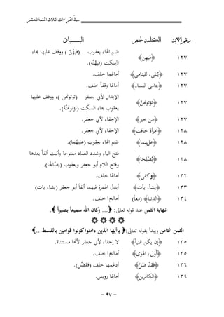 ‫ﰲ ﺍﻟﻘﺮﺍﺀﺍﺕ ﺍﻟﺜﻼﺙ ﺍﳌﺘﻤﺔ ﻟﻠﻌﺸﺮ‬
‫ﺭﻗﻢ ﺍﻵﻳﺔ‬

‫ﺍﻟﻜﻠﻤﺔ ﳊﻔﺺ‬

‫٧٢١‬

‫ِ‬
‫﴿ﻓﻴﻬﻦ﴾‬

‫٧٢١‬
‫٧٢١‬

‫﴿ﻳُﺘﻠﻰ، ﻟﻠﻴﺘﺎﻣﻰ﴾‬
‫﴿ﻳﺘﺎﻣﻰ اﻟﻨﺴﺎء﴾‬

‫٧٢١‬

‫﴿ﺗﺆﺗﻮ�ﻦ﴾‬
‫ﱠ‬

‫٧٢١‬
‫٨٢١‬

‫﴿ﻣﻦ ﺧﲑ﴾‬

‫٨٢١‬

‫﴿اﻣﺮأة ﺧﺎﻓﺖ﴾‬
‫ﻳِ‬
‫﴿ﻋﻞﻬﻤﺎ﴾‬

‫٨٢١‬

‫﴿ﻳُﺼﻠِﺤﺎ﴾‬
‫ْ‬

‫٢٣١‬

‫﴿وﻛﻔﻰ﴾‬

‫٣٣١‬

‫﴿ﻳﺸﺄ، ﻳﺄت﴾‬

‫٥٣١‬

‫﴿إن ﻳﻜﻦ ﻏﻨﻴﺎً﴾‬
‫﴿أَوﱃ، اﳍﻮى﴾‬
‫ْ‬

‫٩٣١‬

‫﴿اﻟﻜﺎﻓﺮﻳﻦ﴾‬

‫ﺿﻢ اﳍﺎء ﻳﻌﻘﻮب‬
‫ﺳﻜﺖ )ﻓﻴﻬﻨﱠﻪ(.‬
‫ال‬
‫ُ‬

‫ﺍﻟﺒ ـ ـ ـ ـ ـ ـ ــﻴﺎﻥ‬

‫)ﻓﻴﻬﻦ ( وﻗﻒ ﻋﻠﻴﻬﺎ ﻬﺑﺎء‬
‫ُّ‬

‫أﻣﺎﳍﻤﺎ ﺧﻠﻒ.‬

‫أﻣﺎﳍﺎ وﻗﻔﺎً ﺧﻠﻒ.‬

‫اﻹﺑﺪال ﻷﰊ ﺟﻌﻔﺮ )ﺗﻮﺗﻮ�ﻦ (، ووﻗﻒ ﻋﻠﻴﻬﺎ‬
‫ﻌﻘﻮب ﻬﺑﺎء اﻟﺴﻜﺖ )ﺗﺆﺗﻮ�ﻨﱠﻪ(.‬
‫ْ‬
‫اﻹﺧﻔﺎء ﻷﰊ ﺟﻌﻔﺮ.‬
‫اﻹﺧﻔﺎء ﻷﰊ ﺟﻌﻔﺮ.‬
‫ﺿﻢ اﳍﺎء ﻳﻌﻘﻮب )ﻋﻠﻴﻬﻤﺎ(.‬
‫ُ‬

‫ﻓﺘﺢ اﻟﻴﺎء وﺷﺪد اﻟﺼﺎد ﻣﻔﺘﻮﺣﺔ وأﺛﺒﺖ أﻟﻔﺎً ﺑﻌﺪﻫﺎ‬
‫وﻓﺘﺢ اﻟﻼم أﺑﻮ ﺟﻌﻔﺮ وﻳﻌﻘﻮب )ﻳَﺼﺎﳊﺎ(.‬
‫ﱠ َ‬
‫أﻣﺎﳍﺎ ﺧﻠﻒ.‬
‫أﺑﺪل اﳍﻤﺰة ﻓﻴﻬﻤﺎ أﻟﻔﺎً أﺑﻮ ﺟﻌﻔﺮ )ﻳﺸﺎ، ﻳﺎت(‬

‫٤٣١‬
‫﴿اﻟﺪﻧﻴﺎ﴾ )ﻣﻌﺎً(‬
‫ﻧـﻬﺎﻳﺔ اﻟﺜﻤﻦ ﻋﻨﺪ ﻗﻮﻟﻪ ﺗﻌﺎﱃ: ‪ ...‬ﻛﺎن اﷲ ﺳﻤﻴﻌﺎً ﺑﺼﻴﺮاً ‪.‬‬
‫و‬
‫‪‬‬
‫اﻟﺜﻤﻦ اﻟﺜﺎﻣﻦ وﻳﺒﺪأ ﺑﻘﻮﻟﻪ ﺗﻌﺎﱃ:‪ ‬ﻳﺎأﻳﻬﺎ اﻟﺬﻳﻦ ءاﻣﻨﻮا ﻛﻮﻧﻮا ﻗﻮاﻣﻴﻦ ﺑﺎﻟﻘﺴﻂ...‪‬‬
‫٥٣١‬
‫٦٣١‬

‫﴿ﻓﻘﺪ ﺿﻞ﴾‬
‫ْ َﱠ‬

‫أﻣﺎﻟﻪم ا ﺧﻠﻒ .‬

‫ﻻ إﺧﻔﺎء ﻷﰊ ﺟﻌﻔﺮ ﻷ�ﺎ ﻣﺴﺘﺜﻨﺎة.‬
‫أﻣﺎﻟﻪم ا ﺧﻠﻒ .‬
‫أدﻏﻤﻬﺎ ﺧﻠﻒ )ﻓﻘ ﱠﻞ(.‬
‫ﻀ‬
‫أﻣﺎﳍﺎ روﻳﺲ.‬
‫≠ ∑‪≠ π‬‬

 