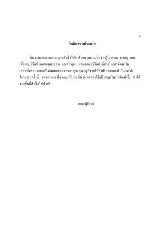 ข
กิตติกรรมประกาศ
โครงงานสามารถบรรลุผลสาเร็จได้ดี ด้วยความร่วมมือจากผู้ปกครอง คุณครู และ
เพื่อนๆ ผู้จัดทาขอขอบพระคุณ คุณพ่อ คุณแม่ ของคณะผู้จัดทาที่ช่วยในการจัดหาใบ
เสลดพังพอน และแป้งดินสอพอง ขอขอบคุณ คุณครูที่ช่วยให้คาปรึกษาแนะนาในการทา
โครงงานครั้งนี้ ขอขอบคุณ พี่ๆ และเพื่อนๆ ที่ช่วย ทดลองใช้แป้งสมุนไพร ที่จัดทาขึ้น ทาให้
งานชิ้นนี้สาเร็จไปด้วยดี
คณะผู้จัดทา
 