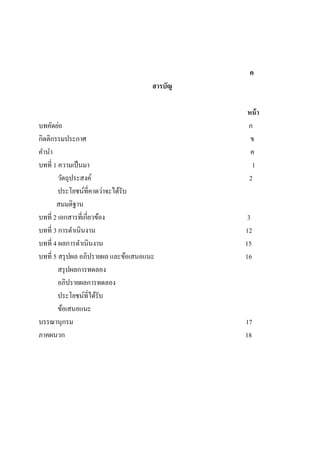 ค
สารบัญ
หน้า
บทคัดย่อ ก
กิตติกรรมประกาศ ข
คานา ค
บทที่ 1 ความเป็นมา 1
วัตถุประสงค์ 2
ประโยชน์ที่คาดว่าจะได้รับ
สมมติฐาน
บทที่ 2 เอกสารที่เกี่ยวข้อง 3
บทที่ 3 การดาเนินงาน 12
บทที่ 4 ผลการดาเนินงาน 15
บทที่ 5 สรุปผล อภิปรายผล และข้อเสนอแนะ 16
สรุปผลการทดลอง
อภิปรายผลการทดลอง
ประโยชน์ที่ได้รับ
ข้อเสนอแนะ
บรรณานุกรม 17
ภาคผนวก 18
 