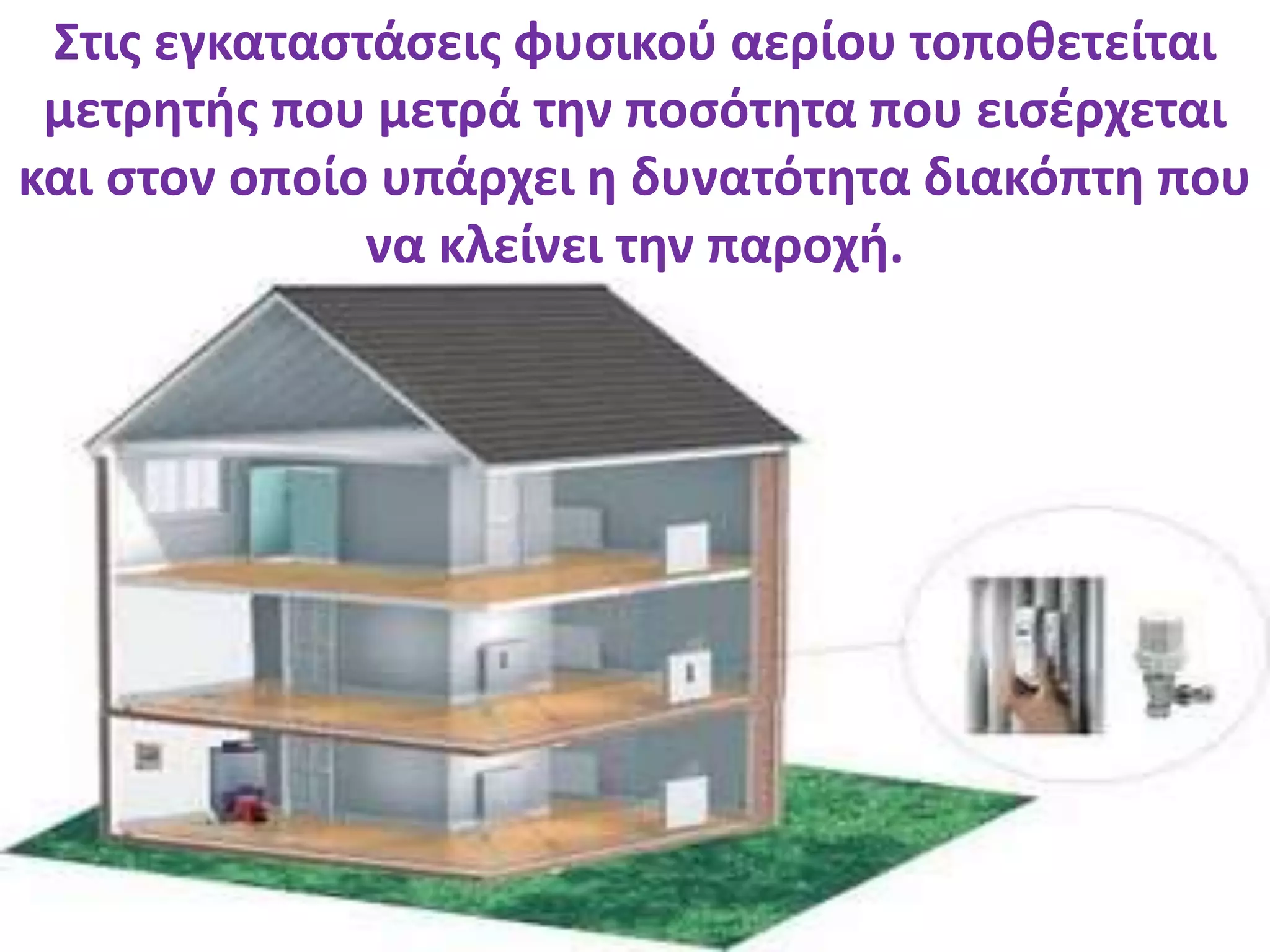 Στις εγκαταστάσεις φυσικού αερίου τοποθετείται
μετρητής που μετρά την ποσότητα που εισέρχεται
και στον οποίο υπάρχει η δυνατότητα διακόπτη που
να κλείνει την παροχή.
 