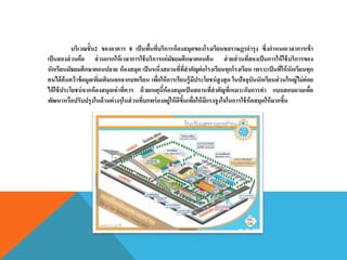 บริเวณชั้น2 ของอาคาร 8 เป็นพื้นที่บริการห้องสมุดของโรงเรียนชลราษฏรอารุง ซึ่งกาหนดเวลาการเข้า
เป็นสองส่วนคือ ส่วนแรกให้เวลาการใช้บริการแก่มัธยมศึกษาตอนต้น ส่วยส่วนที่สองเป็นการให้ใช้บริการของ
นักเรียนมัธยมศึกษาตอนปลาย ห้องสมุด เป็นหนึ่งสถานที่ที่สาคัญต่อโรงเรียนทุกโรงเรียน เพราะเป็นที่ให้นักเรียนทุก
คนได้ค้นคว้าข้อมูลเพิ่มเติมนอกจากบทเรียน เพื่อให้การเรียนรู้มีประโยชน์สูงสุด ในปัจจุบันนักเรียนส่วนใหญ่ไม่ค่อย
ได้ใช้ประโยชน์จากห้องสมุดเท่าที่ควร ด้วยเหตุนี้ห้องสมุดเป็นสถานที่สาคัญที่เหมาะกับการทา แบบสอบถามเพื่อ
พัฒนาหรือปรับปรุงในด้านต่างๆในส่วนที่บกพร่องอยู่ให้ดีขึ้นเพื่อให้มีแรงจูงใจในการใช้ห้อสมุดให้มากขึ้น
 