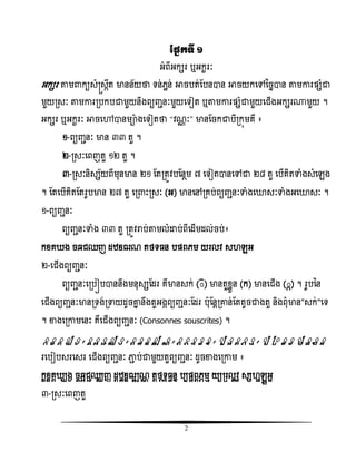 2
ផ្នែកទី ១
អំពីអកសរ ឬអកះរៈ
អកសរ តាម កយសំស្រសកឹត មានន័យថា ទន់េលន់ អាចបត់តបនាន អាចយកសៅនចនាន តាមោរផ្សំជា
មួយរសៈ តាមោររបកបជាមួយនឹងពយញ្ានៈមួយសទៀត ឬតាមោរផ្សំជាមួយសជើងអកសរ្មួយ ។
អកសរ ឬអកះរៈ អាចសៅានមាងសទៀតថា ‚ិណណ ៈ‛ មានតចកជាបីរកញមគឺ ៖
១-ពយញ្ានៈ មាន ៣៣ តួ ។
២-រសៈសពញតួ ១២ តួ ។
៣-រសៈនិសស័យពីមុនមាន ២១ តតរតូិបតនែម ៧ សទៀតានសៅជា ២៨ តួ សបើគិតទាំងសំសេង
។ តតសបើគិតតតរូបមាន ២៧ តួ សរ ោះរសៈ (អ) មានសៅរគប់ពយញ្ានៈទាំងសោសៈទាំងអសោសៈ ។
១-ពយញ្ានៈ
ពយញ្ានៈទាំង ៣៣ តួ រតូិរាប់តាមលំោប់ពីសដើមដល់ចប់៖
កំគ ង ចឆជឈញ ដំឌឍណ តថទ ន បផ្ពេម យរលិ ស េអ
២-សជើងពយញ្ានៈ
ពយញ្ានៈសរបៀបាននឹងមនុសសតដរ គឺមានសក់ (៊) មានតួំលួន (ក) មានសជើង (៊ក) ។ រូបនន
សជើងពយញ្ានៈមានរទង់រទាយដូចោន នឹងតួអងគពយញ្ានៈតដរ បុតនែរោន់តតតូចជាងតួ និងពុំមាន"សក់"សទ
។ ខាងសរោមសនោះ គឺសជើងពយញ្ានៈ (Consonnes souscrites) ។
៊ក ៊ះ ៊គ ៊ឃ ៊ង , ៊ច ៊ឆ ៊ា ៊ឈ ៊្ , ៊ដ ៊ះ ៊ឌ ៊ឍ ៊ណ , ៊ែ ៊ែ ៊ទ ៊ធ ៊ន , ៊ប ៊ផ ៊ព ៊ភ ៊ែ , ៊យ រ៊ ៊ល ៊វ ៊ស ៊ា ៊ឡ ៊អ
រសបៀបសរសសរ សជើងពយញ្ានៈ ភាា ប់ជាមួយតួពយញ្ានៈ ដូចខាងសរោម ៖
កះំះគគ ឃងង ចចឆឆជាឈឈញ្ា ដែំះឌឌឍឍណណ តែថែទទ ធនន បបផ្ផពពេភមែ យយររលលិវ សស ាេឡអអ
៣-រសៈសពញតួ
 
