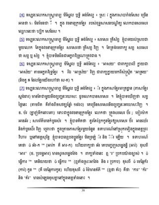 38
[4] ទសសនៈសោកាស្រាែ ចារយ មីតសាល ឫទធី អង់តតលែ ៖ រសៈ œ កនញងភាាារាំងតសស សរចើន
អានថា ស៊ មិនតមនជា ៊ឺ ។ កនញង ិចននុរកមតំែរ របស់ពុទធាសនបណឌ ិតយ សោកានសរសសរ
ស្ែ ោះសនោះថា សក សសតដស ។
[5] ទសសនៈសោកាស្រាែ ចារយ មីតសាល ឫទធី អង់តតលែ ៖ សរសសរ រតីស័ពទ ំ្ញំាទយល់រសបជា
មួយសោក តតកនញងិចននុរកមតំែរ សរសសរថា រតីសពទ វិធញ ។ តតរតង់សម កយ សពទ សរសសរ
ថា សពទ ឬ ស័ពទ ។ ំ្ញំាទមិនដឹងជាអកះរាិធរុទធ្រតូិជាង ។
[6] ទសសនៈសោកាស្រាែ ចារយ មីតសាល ឫទធី អង់តតលែ ៖ ‚អាសយ‛ ជា កយាលី ោល យជា
‚អាស័យ‛ តាមអកះរាិធរុទធតំែរ ។ វរឯឯ ‚អារស័យ‛ វិធញ ជា កយោល យមកពីសំស្រសកឹត ‚អាររយ‛
(និងតួ រ តដលតំែរសយើងសៅថា ស-គ) ។
[7] ទសសនៈសោកាស្រាែ ចារយ មីតសាល ឫទធី អង់តតលែ ៖ ៊័រ កនញងភាាតំែរមារតោះ ន (ភាាតំែរ
សែង់ោរ) មានតតជាមួយនឹងពយញ្ានៈសោសៈ ដូចសោកានសរសសរ ។ តតំ្ញំាទស ើញថា សពវ
នថងសនោះ (តាមពិត គឺតាំងពីទសិតសរ៍ឆ្មន ំ ១៩៦០) សគសរចើនសរសសរនឹងពយញ្ានៈអសោសៈវិធញ ។
ឧ. ប័រ (ខាល ញ់ទឹកសោោះសោ) សទាោះជាកនញងិចននុរកមតំែរ សោកថា រតូិសរសសរ ប៊័រ ; សបៀរមាក
អានឆ័រ ; ារព័តមានកំបូដស័រ ។ ំ្ញំាទគិតថា គួរតតរំឭកកូនតំែរឲ្យសរសសរ ប៊័រ អានឈ័រ
និងកំបូដស៊័រ វិធញ សរ ោះថា កនញងរោមភាាតំែរមួយចំនួន ឧទា រណ៍សៅរសញករសិៀងកនញងសំតែរពោះ
វិធហារ ឬសៅសំតែសុរធនទ ំ្ញំាទានឮបងបអូនតំែរ មិនរចេំ ៊័រ និង ៊៊័រ សេើយ ។ ឧទា រណ៍
សគថា « អ័រ-ក » (អារ់ក គឺ អារ-ក) ស ើយ កយថា អ័រ សគបសញ្ចញសសមលងំលី (អារ់) ំុសពី
‚អារ‛ (ឧ. របពនធអារ) មានសូរសសមលងតិង ។ កយទាំងសនោះ ឮ ‚រ‛ របកបយាងចាស់ ។ «
ស វើោរ » សគនិយាយថា « ស វើោរ » (ឮទាំងរសៈអាតិង និង រ របកប) ំុសពី « សមតឆកក័រ
(ោរ់) កូន » (គឺ សមតឆកោរកូន) ស ើយំុសពី « តមមានគ័េ » (ឮថា គ័រ) គឺថា ‚ោរ‛ ‚ក័រ‛
និង ‚គ័រ‛ មានសំសេងំុសោន សៅកនញងសំតែទាំងសនោះ ។
 