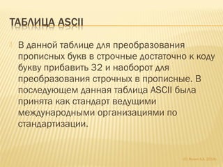  В данной таблице для преобразования
прописных букв в строчные достаточно к коду
букву прибавить 32 и наоборот для
преобразования строчных в прописные. В
последующем данная таблица ASCII была
принята как стандарт ведущими
международными организациями по
стандартизации.
(С) Жулин А.А. 2014г.
 