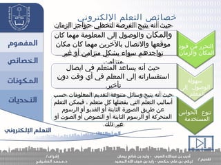 ‫التحرر‬‫من‬‫قيود‬
‫المكان‬‫والزمان‬
‫الزمان‬ ‫حواجز‬ ‫لتخطي‬ ‫الفرصة‬ ‫يتيح‬ ‫أنه‬ ‫حيث‬
‫والمكان‬‫كان‬ ‫مهما‬ ‫المعلومة‬ ‫إلى‬ ‫والوصول‬
‫مكان‬ ‫كان‬ ‫مهما‬ ‫بالخرين‬ ‫والتصال‬ ‫موقعها‬
‫غير‬ ‫أو‬ ‫متزامن‬ ‫بشكل‬ ‫سواء‬ ‫تواجدهم‬
‫متزامن‬
‫الزمان‬ ‫حواجز‬ ‫لتخطي‬ ‫الفرصة‬ ‫يتيح‬ ‫أنه‬ ‫حيث‬
‫والمكان‬‫كان‬ ‫مهما‬ ‫المعلومة‬ ‫إلى‬ ‫والوصول‬
‫مكان‬ ‫كان‬ ‫مهما‬ ‫بالخرين‬ ‫والتصال‬ ‫موقعها‬
‫غير‬ ‫أو‬ ‫متزامن‬ ‫بشكل‬ ‫سواء‬ ‫تواجدهم‬
‫متزامن‬
‫سهولة‬
‫إلى‬ ‫الوصول‬
‫المعلم‬
‫ايصال‬ ‫في‬ ‫المتعلم‬ ‫يساعد‬ ‫أنه‬ ‫حيث‬
‫دون‬ ‫وقت‬ ‫أي‬ ‫في‬ ‫المعلم‬ ‫إلى‬ ‫استفساراته‬
.‫تأخير‬
‫ايصال‬ ‫في‬ ‫المتعلم‬ ‫يساعد‬ ‫أنه‬ ‫حيث‬
‫دون‬ ‫وقت‬ ‫أي‬ ‫في‬ ‫المعلم‬ ‫إلى‬ ‫استفساراته‬
.‫تأخير‬
‫الحواس‬ ‫تنوع‬
‫المستخدمة‬
‫حسب‬ ‫المعلومات‬ ‫لتقديم‬ ‫متنوعة‬ ‫وسائل‬ ‫يتيح‬ ‫أنه‬ ‫حيث‬
‫التعلم‬ ‫فيمكن‬ ، ‫متعلم‬ ‫كل‬ ‫يفضلها‬ ‫التي‬ ‫التعلم‬ ‫أساليب‬
‫الرسوم‬ ‫أو‬ ‫الفديو‬ ‫أو‬ ‫الثابتة‬ ‫الصورة‬ ‫طريق‬ ‫عن‬
‫أو‬ ‫الصوت‬ ‫أو‬ ‫النصوص‬ ‫أو‬ ‫الثابتة‬ ‫الرسوم‬ ‫أو‬ ‫المتحركة‬
.‫ذلك‬ ‫غير‬
‫حسب‬ ‫المعلومات‬ ‫لتقديم‬ ‫متنوعة‬ ‫وسائل‬ ‫يتيح‬ ‫أنه‬ ‫حيث‬
‫التعلم‬ ‫فيمكن‬ ، ‫متعلم‬ ‫كل‬ ‫يفضلها‬ ‫التي‬ ‫التعلم‬ ‫أساليب‬
‫الرسوم‬ ‫أو‬ ‫الفديو‬ ‫أو‬ ‫الثابتة‬ ‫الصورة‬ ‫طريق‬ ‫عن‬
‫أو‬ ‫الصوت‬ ‫أو‬ ‫النصوص‬ ‫أو‬ ‫الثابتة‬ ‫الرسوم‬ ‫أو‬ ‫المتحركة‬
.‫ذلك‬ ‫غير‬
‫اللكتروني‬ ‫التعلم‬ ‫خصائص‬
 