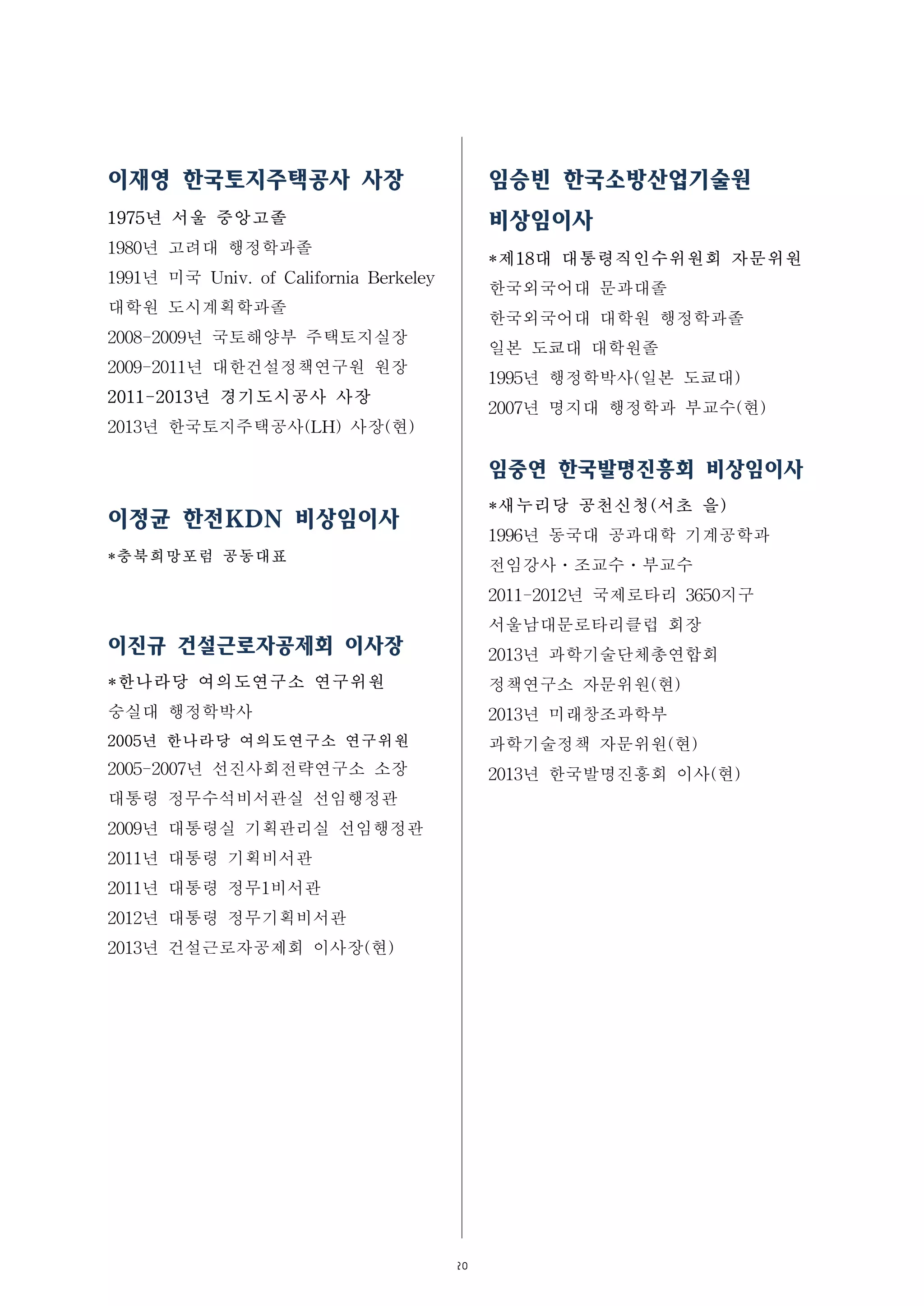 20
이재영 한국토지주택공사 사장
1975년 서울 중앙고졸
1980년 고려대 행정학과졸
1991년 미국 Univ. of California Berkeley
대학원 도시계획학과졸
2008-2009년 국토해양부 주택토지실장
2009-2011년 대한건설정책연구원 원장
2011-2013년 경기도시공사 사장
2013년 한국토지주택공사(LH) 사장(현)
이정균 한전KDN 비상임이사
*충북희망포럼 공동대표
이진규 건설근로자공제회 이사장
*한나라당 여의도연구소 연구위원
숭실대 행정학박사
2005년 한나라당 여의도연구소 연구위원
2005-2007년 선진사회전략연구소 소장
대통령 정무수석비서관실 선임행정관
2009년 대통령실 기획관리실 선임행정관
2011년 대통령 기획비서관
2011년 대통령 정무1비서관
2012년 대통령 정무기획비서관
2013년 건설근로자공제회 이사장(현)
임승빈 한국소방산업기술원
비상임이사
*제18대 대통령직인수위원회 자문위원
한국외국어대 문과대졸
한국외국어대 대학원 행정학과졸
일본 도쿄대 대학원졸
1995년 행정학박사(일본 도쿄대)
2007년 명지대 행정학과 부교수(현)
임중연 한국발명진흥회 비상임이사
*새누리당 공천신청(서초 을)
1996년 동국대 공과대학 기계공학과
전임강사ㆍ조교수ㆍ부교수
2011-2012년 국제로타리 3650지구
서울남대문로타리클럽 회장
2013년 과학기술단체총연합회
정책연구소 자문위원(현)
2013년 미래창조과학부
과학기술정책 자문위원(현)
2013년 한국발명진흥회 이사(현)
 