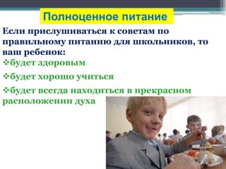 Если прислушиваться к советам по
правильному питанию для школьников, то
ваш ребенок:
будет здоровым
будет хорошо учиться
будет всегда находиться в прекрасном
расположении духа
Полноценное питание
 