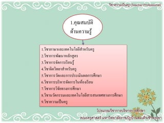 1.คุณสมบัติ
ด้านความรู้
1.วิชาภาษาและเทคโนโลยีสาหรับครู
2.วิชาการพัฒนาหลักสูตร
3.วิชาการจัดการเรียนรู้
4.วิชาจิตวิทยาสาหรับครู
5.วิชาการวัดและการประเมินผลการศึกษา
6.วิชาการบริหารจัดการในห้องเรียน
7.วิชาการวิจัยทางการศึกษา
8.วิชานวัตกรรมและเทคโนโลยีสารสนเทศทางการศึกษา
9.วิชาความเป็นครู
 