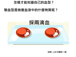 怎樣才能知道自己的血型？
驗血型是檢查血液中的什麼物質呢？
試劑= A.B 抗體各一瓶.
 
