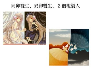 同卵雙生、異卵雙生、 2 個複製人
 