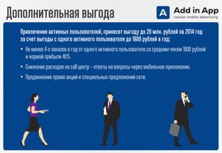 Дополнительная выгода
Привлечение активных пользователей, принесет выгоду до 20 млн. рублей за 2014 год
за счет выгоды с одного активного пользователя до 1600 рублей в год:
• Не менее 4-х заказов в год от одного активного пользователя со среднимчеком 1000 рублей
и нормой прибыли 40%.
• Снижение расходов на call центр – ответы на вопросы через мобильное приложение.
• Продвижение промо акций и специальных предложений сети.
 