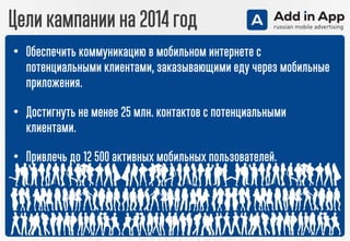Цели кампании на 2014 год
• Обеспечить коммуникацию в мобильном интернете с
потенциальными клиентами, заказывающими еду через мобильные
приложения.
• Достигнуть не менее 25 млн. контактов с потенциальными
клиентами.
• Привлечь до 12 500 активных мобильных пользователей.
 