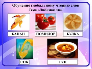 Обучение глобальному чтению слов
Тема «Любимая еда»
СУП
БУЛКАБАНАН ПОМИДОР
СОК
 