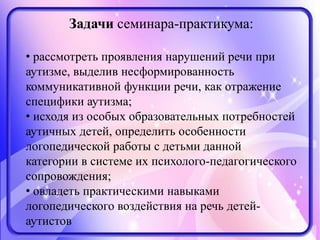 Задачи семинара-практикума:
• рассмотреть проявления нарушений речи при
аутизме, выделив несформированность
коммуникативной функции речи, как отражение
специфики аутизма;
• исходя из особых образовательных потребностей
аутичных детей, определить особенности
логопедической работы с детьми данной
категории в системе их психолого-педагогического
сопровождения;
• овладеть практическими навыками
логопедического воздействия на речь детей-
аутистов
 
