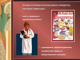 книги о здоровом и
правильном питании;
ЛУЧШЕ И ПОЛНЕЕ ИСПОЛЬЗОВАТЬ ПРОДУКТЫЛУЧШЕ И ПОЛНЕЕ ИСПОЛЬЗОВАТЬ ПРОДУКТЫ
ПИТАНИЯ ПОМОГАЮТ :ПИТАНИЯ ПОМОГАЮТ :
учреждения здравоохранения,
социальной сферы и
общественного питания.
 