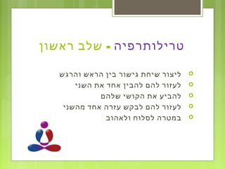 ‫טרילותרפיה‬-‫ראשון‬ ‫שלב‬
‫והרגש‬ ‫הראש‬ ‫בין‬ ‫גישור‬ ‫שיחת‬ ‫ליצור‬
‫השני‬ ‫את‬ ‫אחד‬ ‫להבין‬ ‫להם‬ ‫לעזור‬
‫שלהם‬ ‫הקושי‬ ‫את‬ ‫להביע‬
‫מהשני‬ ‫אחד‬ ‫עזרה‬ ‫לבקש‬ ‫להם‬ ‫לעזור‬
‫ולאהוב‬ ‫לסלוח‬ ‫במטרה‬
 