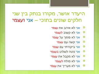 ‫שני‬ ‫בין‬ ‫בנתק‬ ‫מקורו‬ ,‫אושר‬ ‫היעדר‬
– ‫בתוכי‬ ‫שונים‬ ‫חלקים‬‫אני‬‫ועצמי‬
‫אני‬‫את‬ ‫אוהב‬ ‫לא‬‫עצמי‬
‫אני‬‫קשוב‬ ‫לא‬‫לעצמי‬
‫אני‬‫על‬ ‫סומך‬ ‫לא‬‫עצמי‬
‫אני‬‫עם‬ ‫קשה‬‫עצמי‬
‫אני‬‫עם‬ ‫ביקורתי‬‫עצמי‬
‫אני‬‫לשלוט‬ ‫נוטה‬‫בעצמי‬
‫אני‬‫את‬ ‫מקבל‬ ‫לא‬‫עצמי‬
‫אני‬‫סולח‬ ‫לא‬‫לעצמי‬
‫אני‬‫את‬ ‫מעריך‬ ‫לא‬‫עצמי‬
 