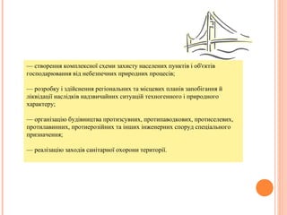 — створення комплексної схеми захисту населених пунктів і об'єктів
господарювання від небезпечних природних процесів;
— розробку і здійснення регіональних та місцевих планів запобігання й
ліквідації наслідків надзвичайних ситуацій техногенного і природного
характеру;
— організацію будівництва протизсувних, протипаводкових, протиселевих,
протилавинних, протиерозійних та інших інженерних споруд спеціального
призначення;
— реалізацію заходів санітарної охорони території.
 