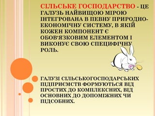 СІЛЬСЬКЕ ГОСПОДАРСТВО - ЦЕ
ГАЛУЗЬ НАЙВИЩОЮ МІРОЮ
ІНТЕГРОВАНА В ПЕВНУ ПРИРОДНО-
ЕКОНОМІЧНУ СИСТЕМУ, В ЯКІЙ
КОЖЕН КОМПОНЕНТ Є
ОБОВ'ЯЗКОВИМ ЕЛЕМЕНТОМ І
ВИКОНУЄ СВОЮ СПЕЦИФІЧНУ
РОЛЬ.
ГАЛУЗІ СІЛЬСЬКОГОСПОДАРСЬКИХ
ПІДПРИЄМСТВ ФОРМУЮТЬСЯ ВІД
ПРОСТИХ ДО КОМПЛЕКСНИХ, ВІД
ОСНОВНИХ ДО ДОПОМІЖНИХ ЧИ
ПІДСОБНИХ.
 