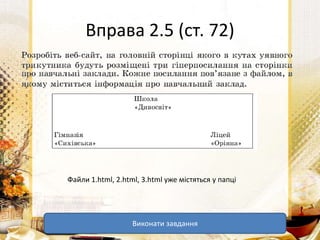 Вправа 2.5 (ст. 72)
Файли 1.html, 2.html, 3.html уже містяться у папці
Виконати завдання
 