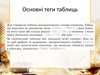 Основні теги таблиць
 