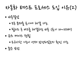 자동화 테스트 프로세스 도입 이유(2)
• 비용절감
• 모든 문제를 초기에 해결 가능.
• 릴리즈 후 버그를 해결하는 비용 (초기 10~25배)
• 유즈 케이스 정립
• 요구사항 기능이 언제 완성되었는지 확인 가능.
• 준수 보장
 