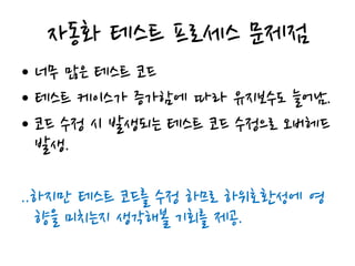 자동화 테스트 프로세스 문제점
• 너무 많은 테스트 코드
• 테스트 케이스가 증가함에 따라 유지보수도 늘어남.
• 코드 수정 시 발생되는 테스트 코드 수정으로 오버헤드
발생.
..하지만 테스트 코드를 수정 하므로 하위호환성에 영
향을 미치는지 생각해볼 기회를 제공.
 