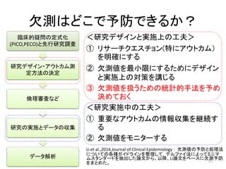 欠測はどこで予防できるか？
臨床的疑問の定式化
(PICO,PECO)と先行研究調査
研究デザイン・アウトカム測
定方法の決定
倫理審査など
研究の実施とデータの収集
データ解析
Li et al.,2014,Journal of Clinical Epidemiology：欠測値の予防と処理法
についての各種ガイドラインを整理して，デルファイ法によってミニマ
ムスタンダードを抽出した論文から。以降、Li論文をベースに欠測予防
をまとめた。
＜研究デザインと実施上の工夫＞
① リサーチクエスチョン(特にアウトカム）
を明確にする
② 欠測値を最小限にするためにデザイン
と実施上の対策を講じる
③ 欠測値を扱うための統計的手法を予め
決めておく
＜研究実施中の工夫＞
① 重要なアウトカムの情報収集を継続す
る
② 欠測値をモニターする
25
 