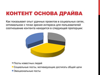 КОНТЕНТ ОСНОВА ДРАЙВА 
Как показывает опыт удачных проектов в социальных сетях, 
оптимальное с точки зрения интереса для пользователей 
соотношение контента находится в следующей пропорции: 
Посты известных людей 
Социальные посты, мотивирующие достигать общей цели 
Эмоциональные посты 
 