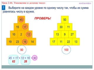 МАТЕМАТИКАУрок 2.66. Умножение и деление чисел
7 Выберите на каждом уровне по одному числу так, чтобы их сумма
равнялась числу в кружке.
19 23 16 14
10 2 12
15 17
45
17 11 22 13
13 9 27
30 11
50
90 100
45 + 17 + 12 + 16 = 90
62 28
ПРОВЕРЬ!
 