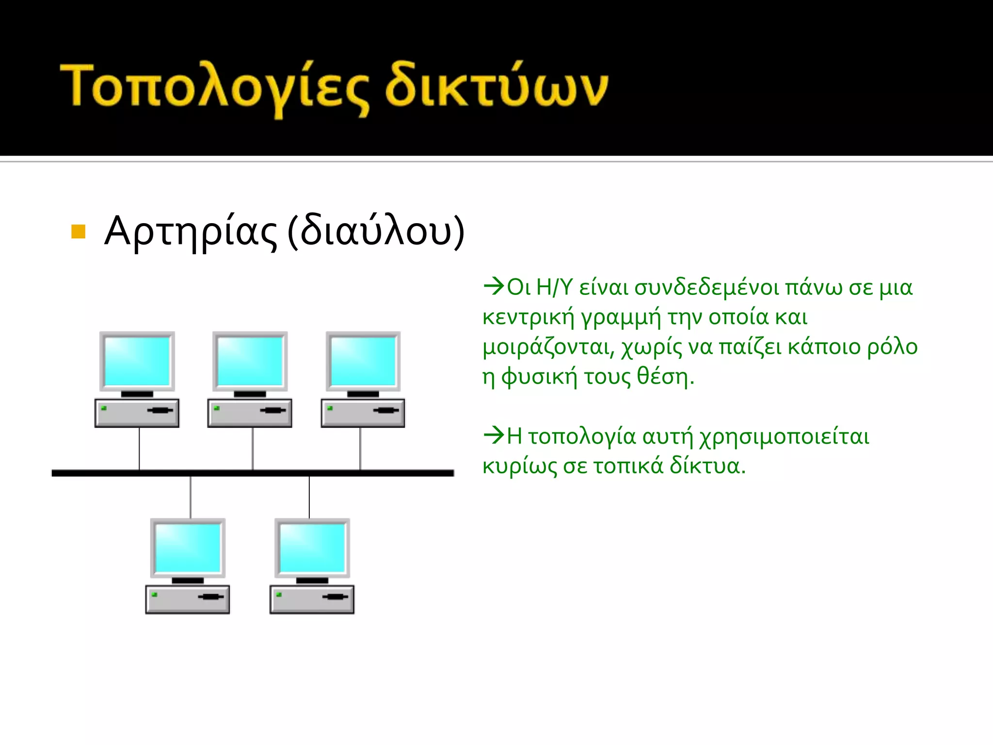  Αρτηρύασ (διαύλου)
Οι Η/Υ εύναι ςυνδεδεμϋνοι πϊνω ςε μια
κεντρικό γραμμό την οπούα και
μοιρϊζονται, χωρύσ να παύζει κϊποιο ρόλο
η φυςικό τουσ θϋςη.
H τοπολογύα αυτό χρηςιμοποιεύται
κυρύωσ ςε τοπικϊ δύκτυα.
 