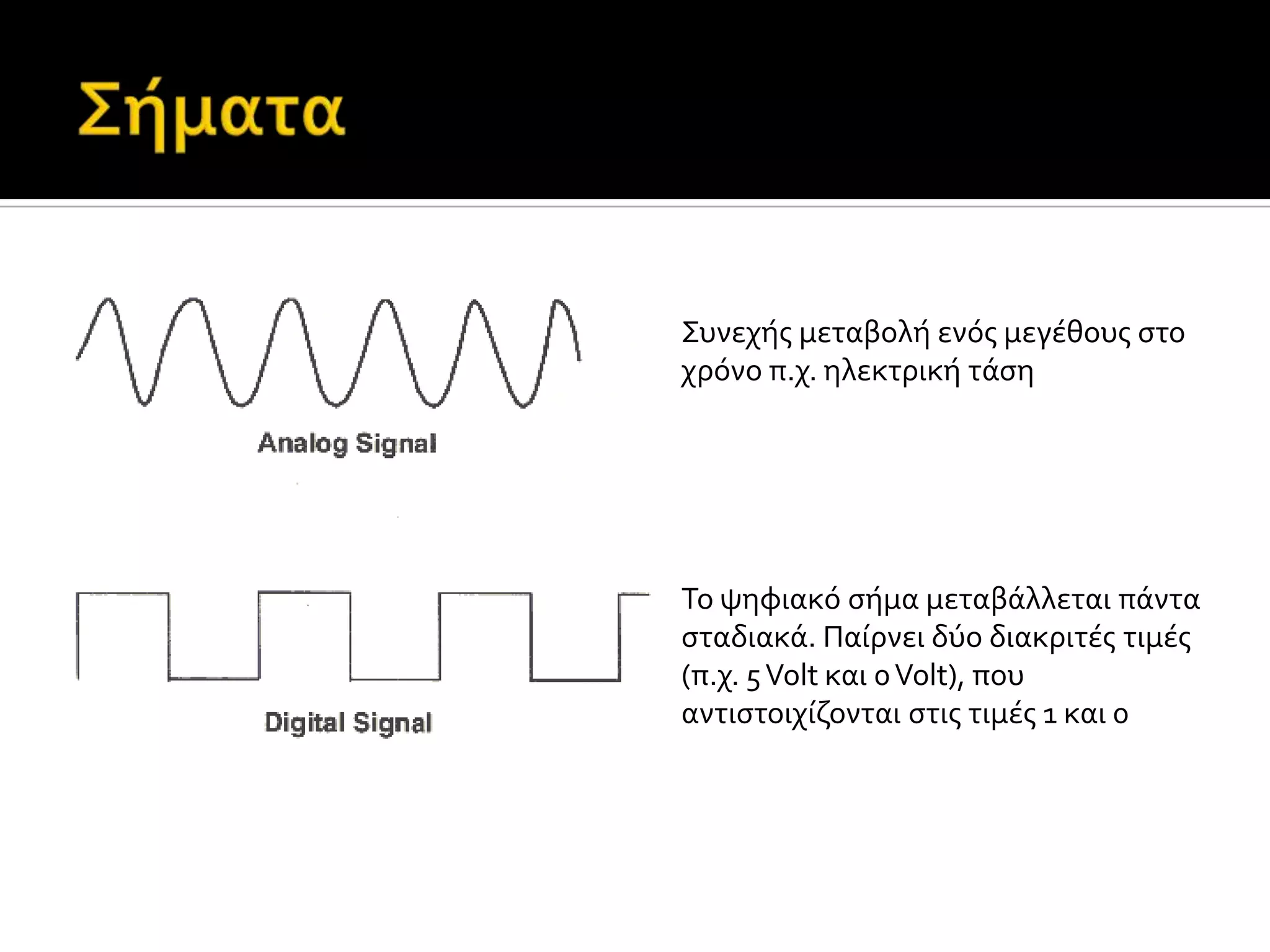 Συνεχόσ μεταβολό ενόσ μεγϋθουσ ςτο
χρόνο π.χ. ηλεκτρικό τϊςη
Το ψηφιακό ςόμα μεταβϊλλεται πϊντα
ςταδιακϊ. Παύρνει δύο διακριτϋσ τιμϋσ
(π.χ. 5Volt και 0Volt), που
αντιςτοιχύζονται ςτισ τιμϋσ 1 και 0
 