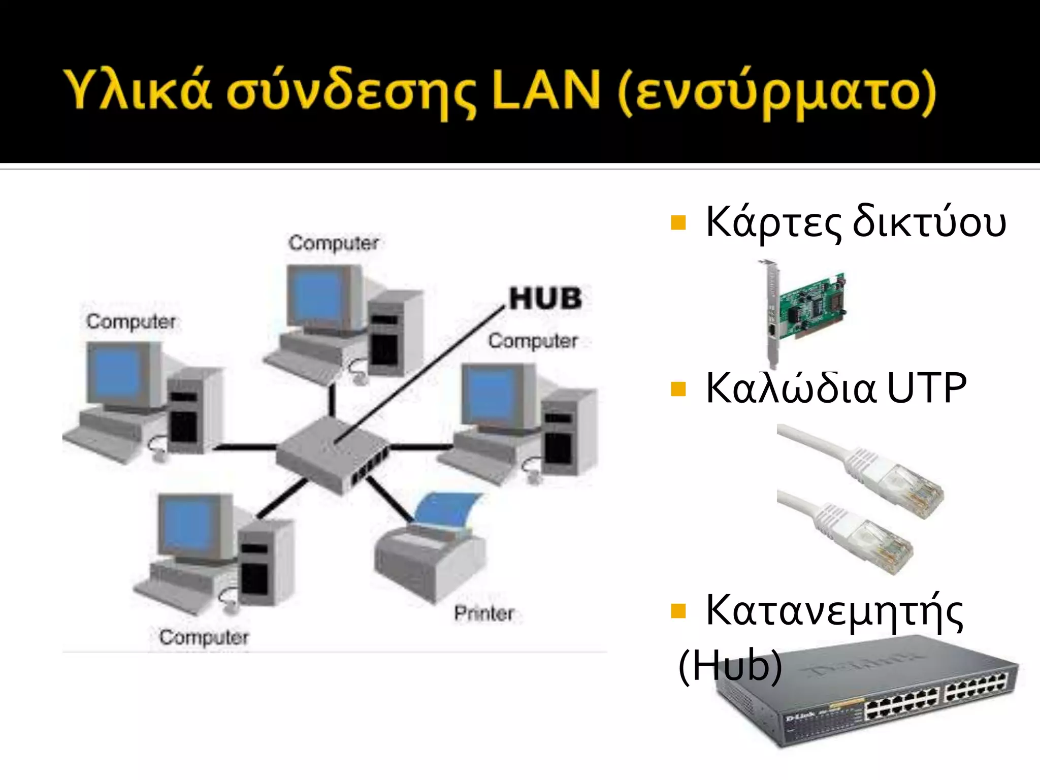  Κϊρτεσ δικτύου
 Καλώδια UTP
 Κατανεμητόσ
(Hub)
 