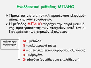 Γκαιιαθηηθή μέζμδμξ ΜΠΑΗΟ
 Πνυθεηηαη γηα μηα ηοπηθή πνμζέγγηζε εληζμννυ-
πεζεξ πεμηθχκ εληζχζεςκ.
 Η μέζμδμξ ΜΠΑΗΟ πανέπεη ηεκ ζεηνά μεηςμέ-
κεξ πνμηεναηυηεηαξ ηςκ ζημηπείςκ θαηά ηεκ ε-
ληζμννυπηζε ηςκ πεμηθχκ εληζχζεςκ:
M – μζταλλα
Π – πολυατομικά ιόντα
Α – αμζταλλα (εκτόσ υδρογόνου οξυγόνου)
Η – υδρογόνο
Ο- οξυγόνο (ςυνικωσ για επαλικευςθ)
Μείωςη προ-
τεραιότητασ
 