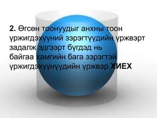 2. Өгсөн тоонуудыг анхны тоон
үржигдэхүүний зэрэгтүүдийн үржвэрт
задалж эдгээрт бүгдэд нь
байгаа хамгийн бага зэрэгтэй
үржигдэхүүнүүдийн үржвэр ХИЕХ
 