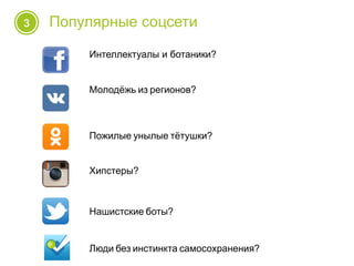 3 Популярные соцсети
Интеллектуалы и ботаники?
Молодёжь из регионов?
Пожилые унылые тётушки?
Хипстеры?
Нашистские боты?
Люди без инстинкта самосохранения?
 
