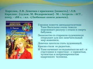 Карелин, Л.В. Девочка с красками: [повесть] / Л.В.
Карелин ; [худож. М. Федоровская] - М. : Астрель : АСТ ,
2003. - 188 с. : ил. -(Любимые книги девочек).
Героиня повести двенадцатилетняя
Таня Васильева очень тяжело
переживает разлуку с отцом и смерть
бабушки.
Знакомство со стариком-художником
открывает для нее замечательный
мир живописи.
Девочка захотела стать художницей.
Краски стали ее радостью.
И Таня начинает вглядываться во всё - и
счастливое и горестное - с зоркостью,
чуткостью и непримиримостью
одаренного человека.
 