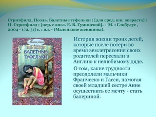 Стритфилд, Ноэль. Балетные туфельки : [для сред. шк. возраста] /
Н. Стритфилд ; [пер. с англ. Е. В. Гуминской]. - М. : Глобулус ,
2004 - 172, [1] с. : ил. - (Маленькие женщины).
История жизни троих детей,
которые после потери во
время землетрясения своих
родителей переехали в
Англию к нелюбимому дяде.
О том, какие трудности
преодолели мальчики
Франческо и Гасси, помогая
своей младшей сестре Анне
осуществить ее мечту - стать
балериной.
 