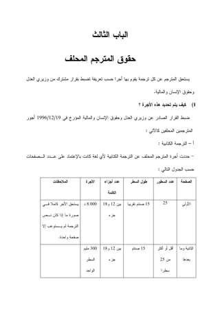 ‫ﺍﻟﺜﺎﻟﺙ‬ ‫ﺍﻟﺒﺎﺏ‬
‫ﺍﻟﻤﺤﻠ‬ ‫ﺍﻟﻤﺘﺭﺠﻡ‬ ‫ﺤﻘﻭﻕ‬‫ﻑ‬
‫ﺍﻟﻤﺘﺭﺠﻡ‬ ‫ﻴﺴﺘﺤﻕ‬‫ﺍﻟﻌﺩﻝ‬ ‫ﻭﺯﻴﺭﻱ‬ ‫ﻤﻥ‬ ‫ﻤﺸﺘﺭﻙ‬ ‫ﺒﻘﺭﺍﺭ‬ ‫ﺘﻀﺒﻁ‬ ‫ﺘﻌﺭﻴﻔﺔ‬ ‫ﺤﺴﺏ‬ ‫ﺃﺠﺭﺍ‬ ‫ﺒﻬﺎ‬ ‫ﻴﻘﻭﻡ‬ ‫ﺘﺭﺠﻤﺔ‬ ‫ﻜﻝ‬ ‫ﻋﻥ‬
‫ﻭﺍﻟﻤﺎﻟﻴﺔ‬ ‫ﺍﻹﻨﺴﺎﻥ‬ ‫ﻭﺤﻘﻭﻕ‬.
1(‫؟‬ ‫ﺍﻷﺠﺭﺓ‬ ‫ﻫﺫﻩ‬ ‫ﺘﺤﺩﻴﺩ‬ ‫ﻴﺘﻡ‬ ‫ﻜﻴﻑ‬
‫ﻓﻲ‬ ‫ﺍﻟﻤﺅﺭﺥ‬ ‫ﻭﺍﻟﻤﺎﻟﻴﺔ‬ ‫ﺍﻹﻨﺴﺎﻥ‬ ‫ﻭﺤﻘﻭﻕ‬ ‫ﺍﻟﻌﺩﻝ‬ ‫ﻭﺯﻴﺭﻱ‬ ‫ﻋﻥ‬ ‫ﺍﻟﺼﺎﺩﺭ‬ ‫ﺍﻟﻘﺭﺍﺭ‬ ‫ﻀﺒﻁ‬19/12/1996‫ﺃﺠﻭﺭ‬
‫ﻜﺎﻵﺘﻲ‬ ‫ﺍﻟﻤﺤﻠﻔﻴﻥ‬ ‫ﺍﻟﻤﺘﺭﺠﻤﻴﻥ‬:
‫ﺃ‬–‫ﺍﻟﻜﺘﺎﺒﻴﺔ‬ ‫ﺍﻟﺘﺭﺠﻤﺔ‬:
-‫ﺤ‬‫ﺍﻟـﺼﻔﺤﺎﺕ‬ ‫ﻋـﺩﺩ‬ ‫ﻋﻠﻰ‬ ‫ﺒﺎﻹﻋﺘﻤﺎﺩ‬ ‫ﻜﺎﻨﺕ‬ ‫ﻟﻐﺔ‬ ‫ﻷﻱ‬ ‫ﺍﻟﻜﺘﺎﺒﻴﺔ‬ ‫ﺍﻟﺘﺭﺠﻤﺔ‬ ‫ﻋﻥ‬ ‫ﺍﻟﻤﺤﻠﻑ‬ ‫ﺍﻟﻤﺘﺭﺠﻡ‬ ‫ﺃﺠﺭﺓ‬ ‫ﺩﺩﺕ‬
‫ﺍﻟﺘﺎﻟﻲ‬ ‫ﺍﻟﺠﺩﻭﻝ‬ ‫ﺤﺴﺏ‬:
‫ﺍﻟﺼﻔﺤﺔ‬‫ﺍﻟﺴﻁﻭﺭ‬ ‫ﻋﺩﺩ‬‫ﺍﻟﺴﻁﺭ‬ ‫ﻁﻭﻝ‬‫ﺃﺠﺯﺍﺀ‬ ‫ﻋﺩﺩ‬
‫ﺍﻟﻜﻠﻤﺔ‬
‫ﺍﻷﺠﺭﺓ‬‫ﺍﻟﻤﻼﺤﻅﺎﺕ‬
‫ﺍﻷﻭﻟﻰ‬2515‫ﺘﻘﺭﻴﺒﺎ‬ ‫ﺼﻨﺘﻡ‬‫ﺒﻴﻥ‬12‫ﻭ‬18
‫ﺠﺯﺀ‬
8.000‫ﺩ‬‫ﻓـﻲ‬ ‫ﻜﺎﻤﻼ‬ ‫ﺍﻷﺠﺭ‬ ‫ﻴﺴﺘﺤﻕ‬
‫ﺇﺫ‬ ‫ﻤﺎ‬ ‫ﺼﻭﺭﺓ‬‫ﻨـﺹ‬ ‫ﻜﺎﻥ‬ ‫ﺍ‬
‫ﺇﻻ‬ ‫ﻴـﺴﺘﻭﻋﺏ‬ ‫ﻟﻡ‬ ‫ﺍﻟﺘﺭﺠﻤﺔ‬
‫ﻭﺍﺤﺩﺓ‬ ‫ﺼﻔﺤﺔ‬.
‫ﻭﻤﺎ‬ ‫ﺍﻟﺜﺎﻨﻴﺔ‬
‫ﺒﻌﺩﻫﺎ‬
‫ﺃﻜﺜﺭ‬ ‫ﺃﻭ‬ ‫ﺃﻗﻝ‬
‫ﻤﻥ‬25
‫ﺴﻁﺭﺍ‬
15‫ﺼﻨﺘﻡ‬‫ﺒﻴﻥ‬12‫ﻭ‬18
‫ﺠﺯﺀ‬
300‫ﻤﻠﻴﻡ‬
‫ﺍﻟﺴﻁﺭ‬
‫ﺍﻟﻭﺍﺤﺩ‬
 